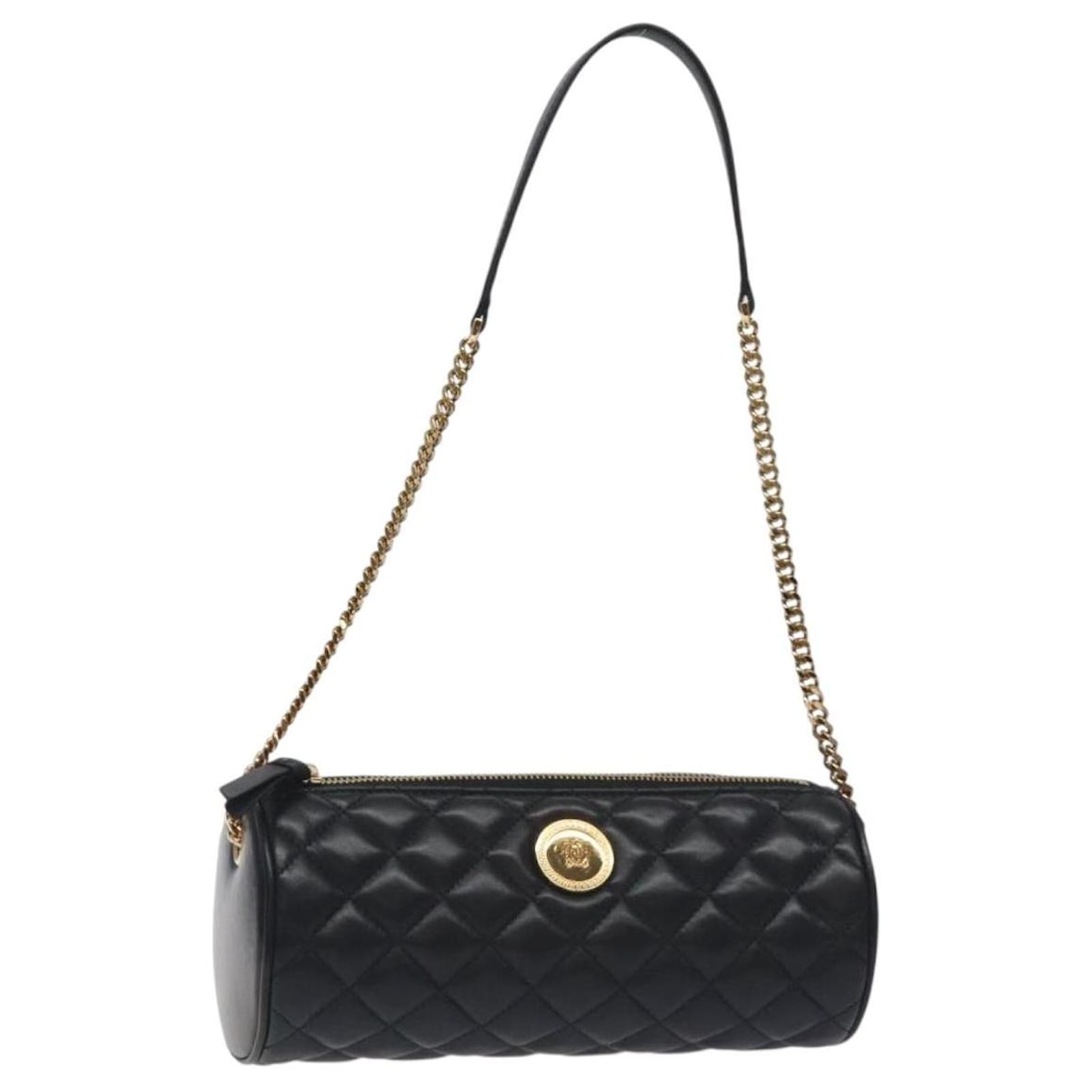 VERSACE Chain Shoulder Bag Leather Black Gold Auth 130263 Golden