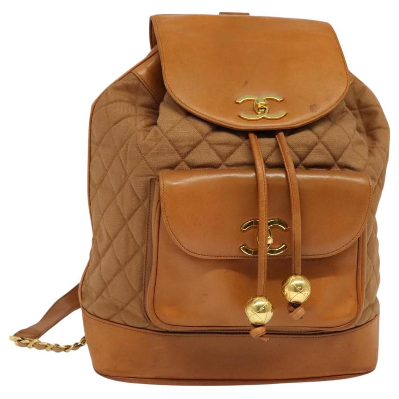 CHANEL Matelasse Backpack Canvas Leather Brown Gold CC Auth  display picture 1