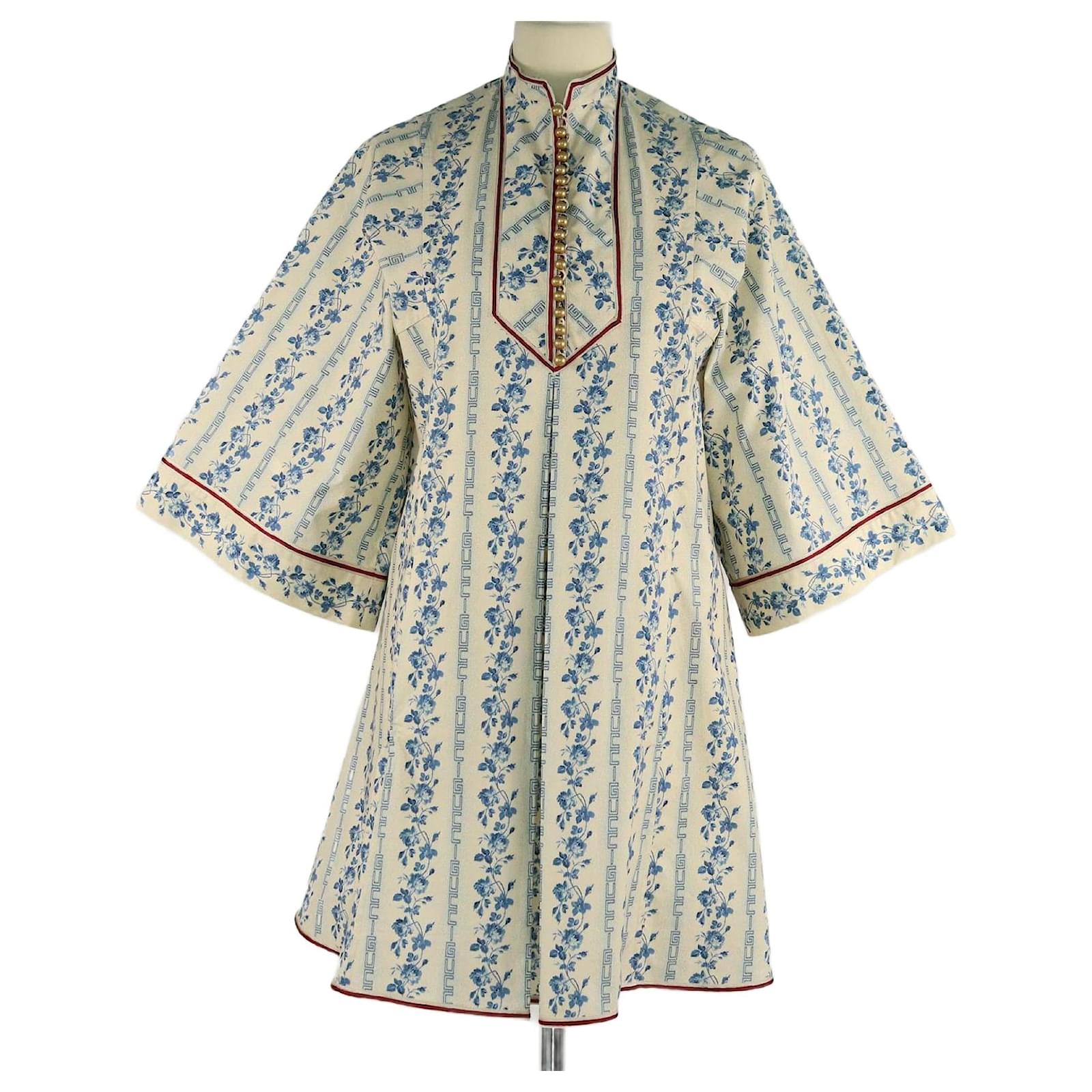 Gucci Cream/Blue Floral Printed Three Quarter Sleeve Mini Dress Cotton  Elastane ref.2379331 - Joli Closet