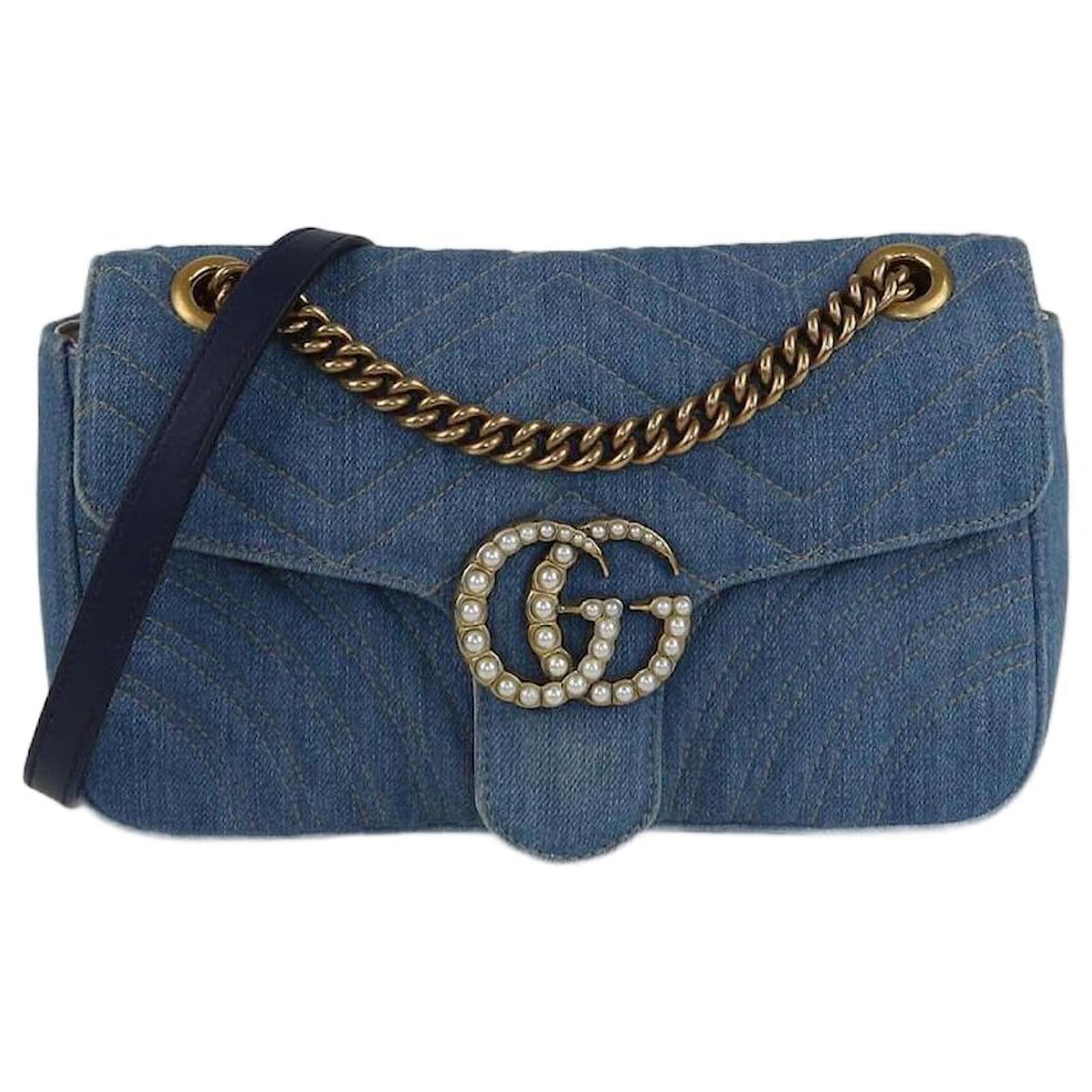 Gucci Blue Matelasse Denim Small Pearl GG Marmont Shoulder Bag