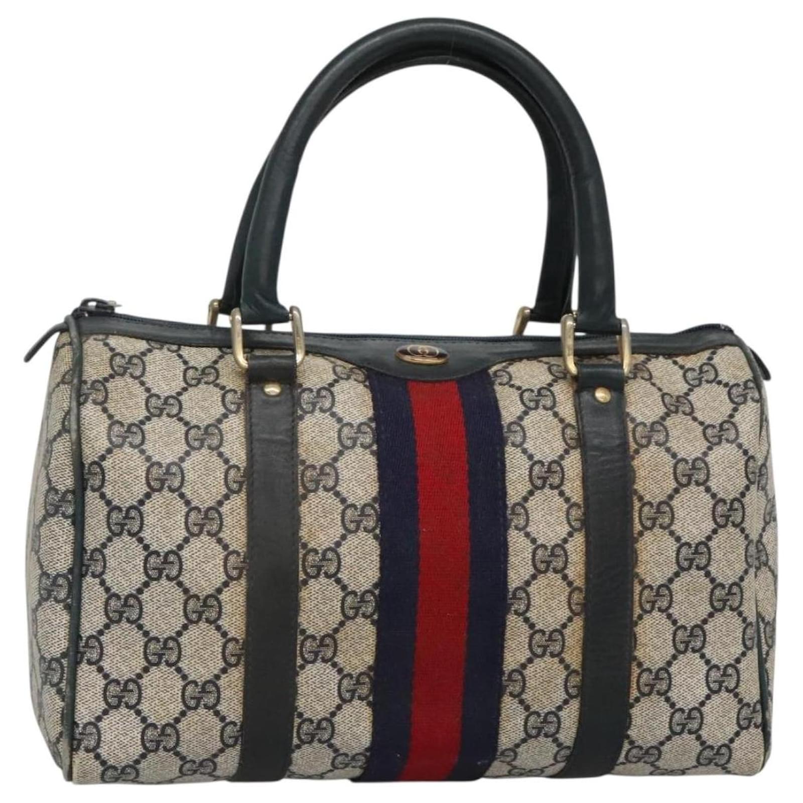 希少ネイビー【GUCCI】ボストンバッグ　GGスプリーム PVC ゴールド金具 GUCCI GG Supreme Sherry Line Hand Bag PVC Navy Gold Red Auth