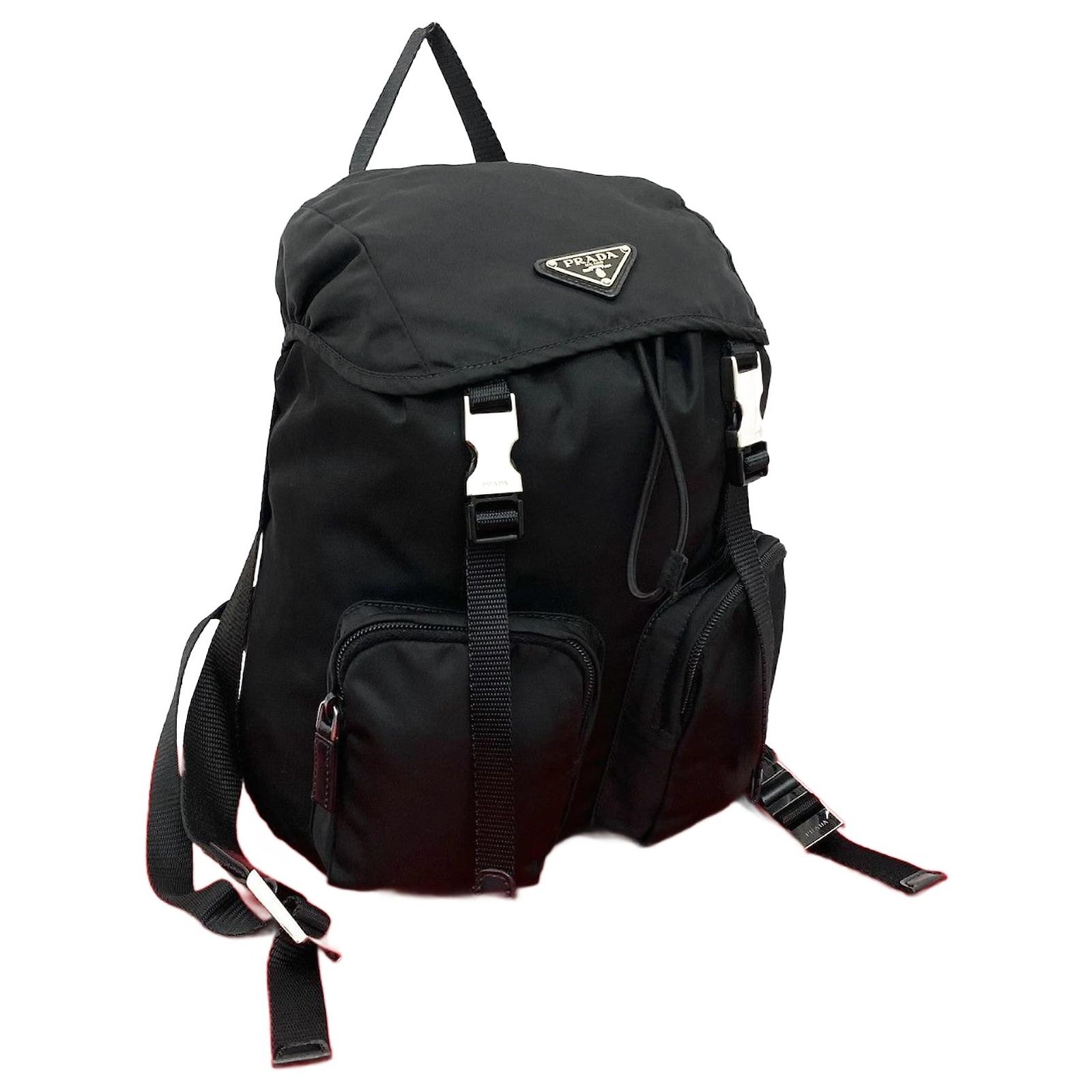 Prada Triangle Logo Plate Nylon Leather Backpack Black ref  display picture 1
