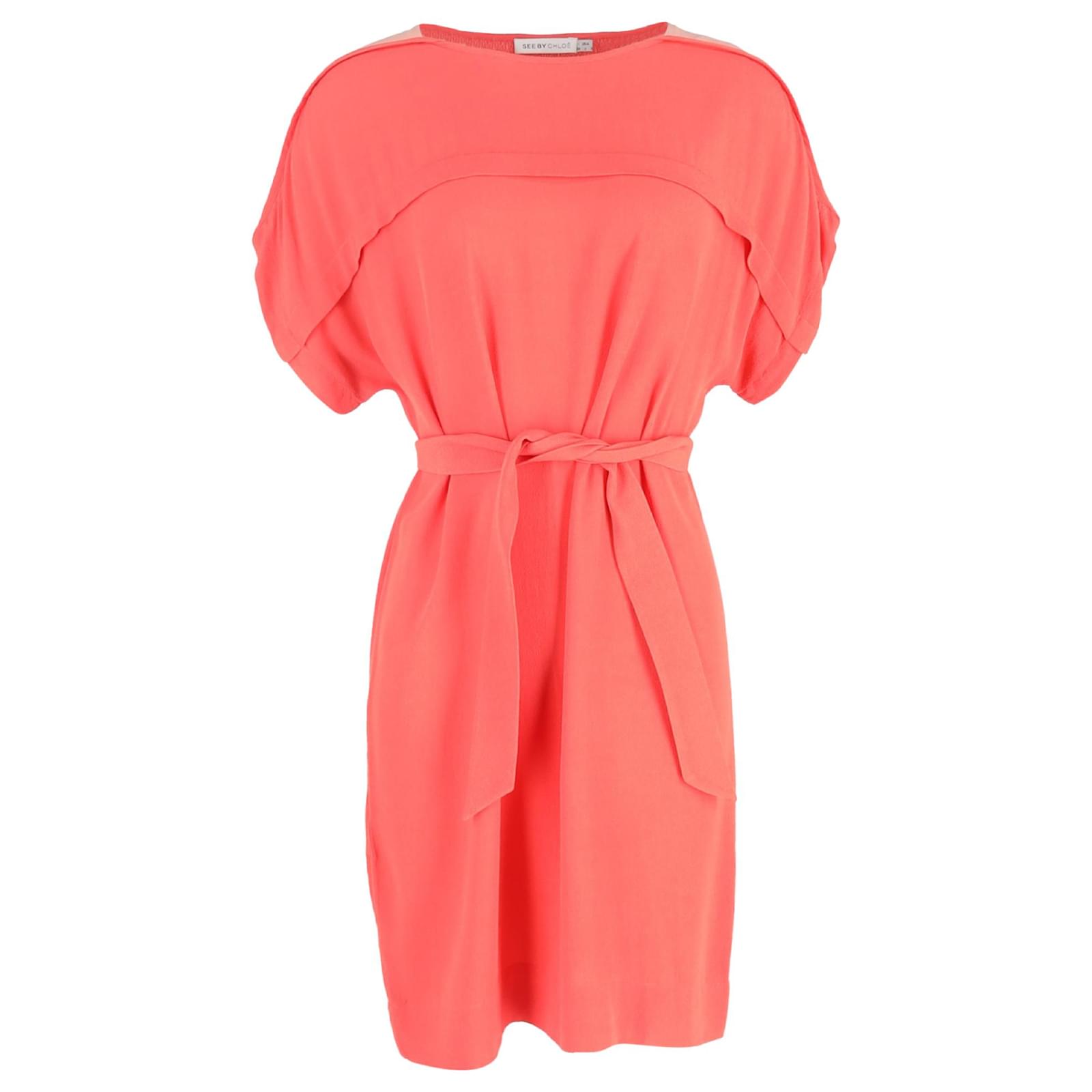 coral knee length dress See by Chloé Belted Knee-Length Dress in Coral Viscose Orange Cellulose  fibre ref.JC2393988 (Sold)
