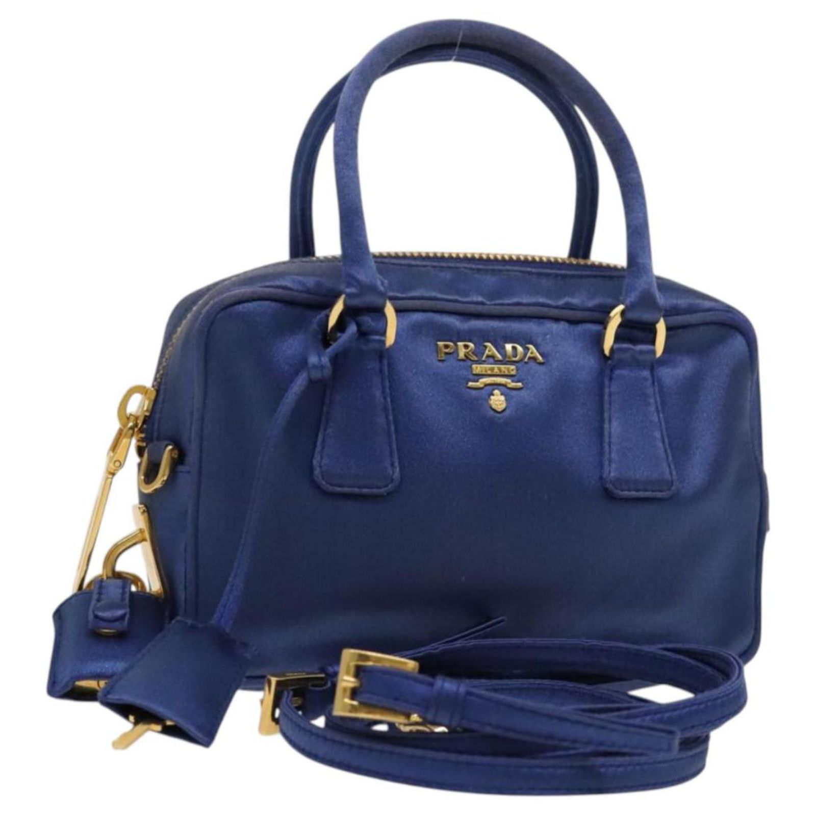 PRADA Hand Bag Satin 2way Blue Gold Auth 130351 Golden ref  display picture 1