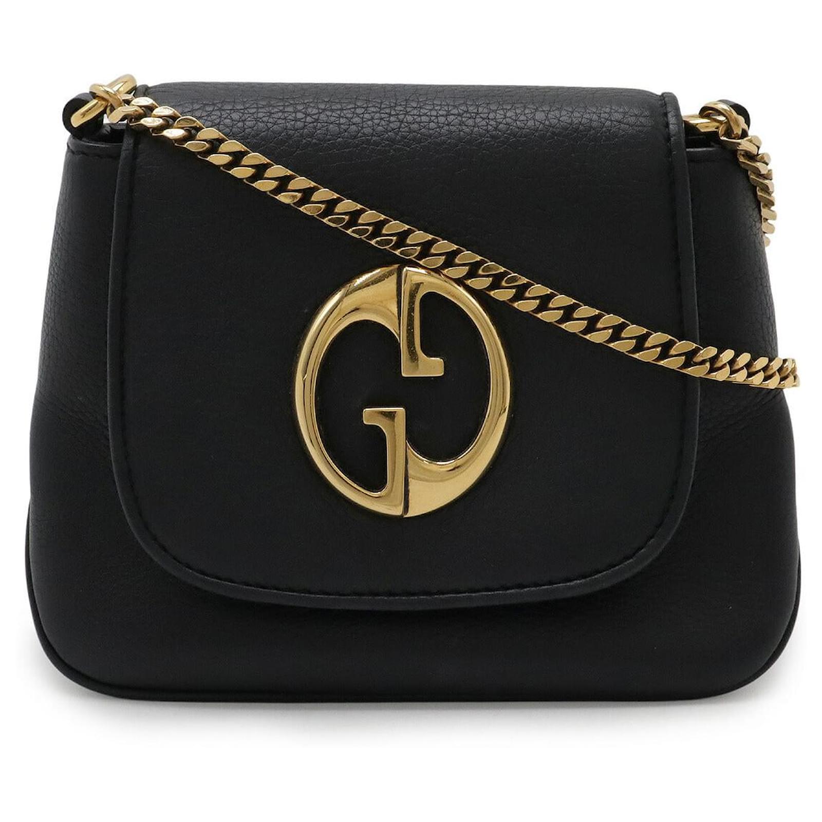 Gucci Leather Double G Logo Chain Shoulder Bag Black Pony-style