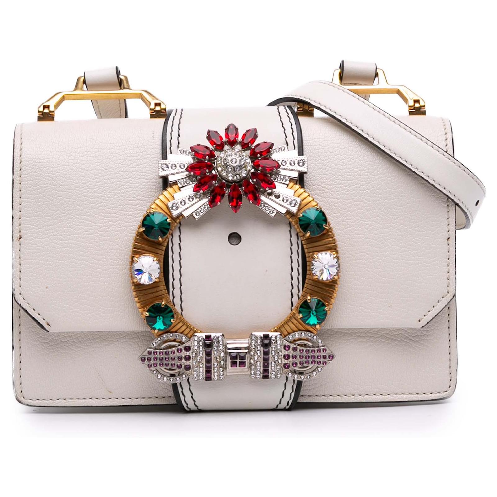 Miu Miu White Goatskin Madras Soft Calf Crystal Embellished