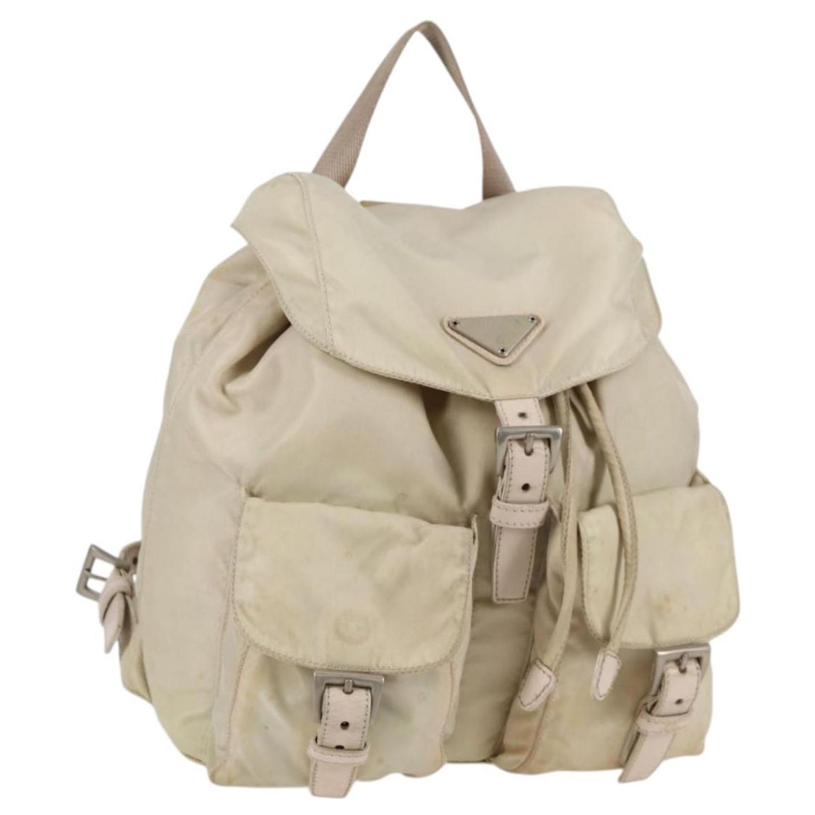 PRADA Backpack Nylon Beige Silver Auth bs27131 PRADA Double Front Pocket Re-Nylon Backpack Bag Beige main image 3