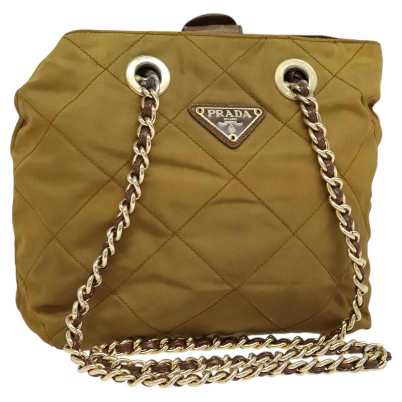 PRADA Chain Shoulder Bag Nylon Brown Silver Auth sw1316 Silvery