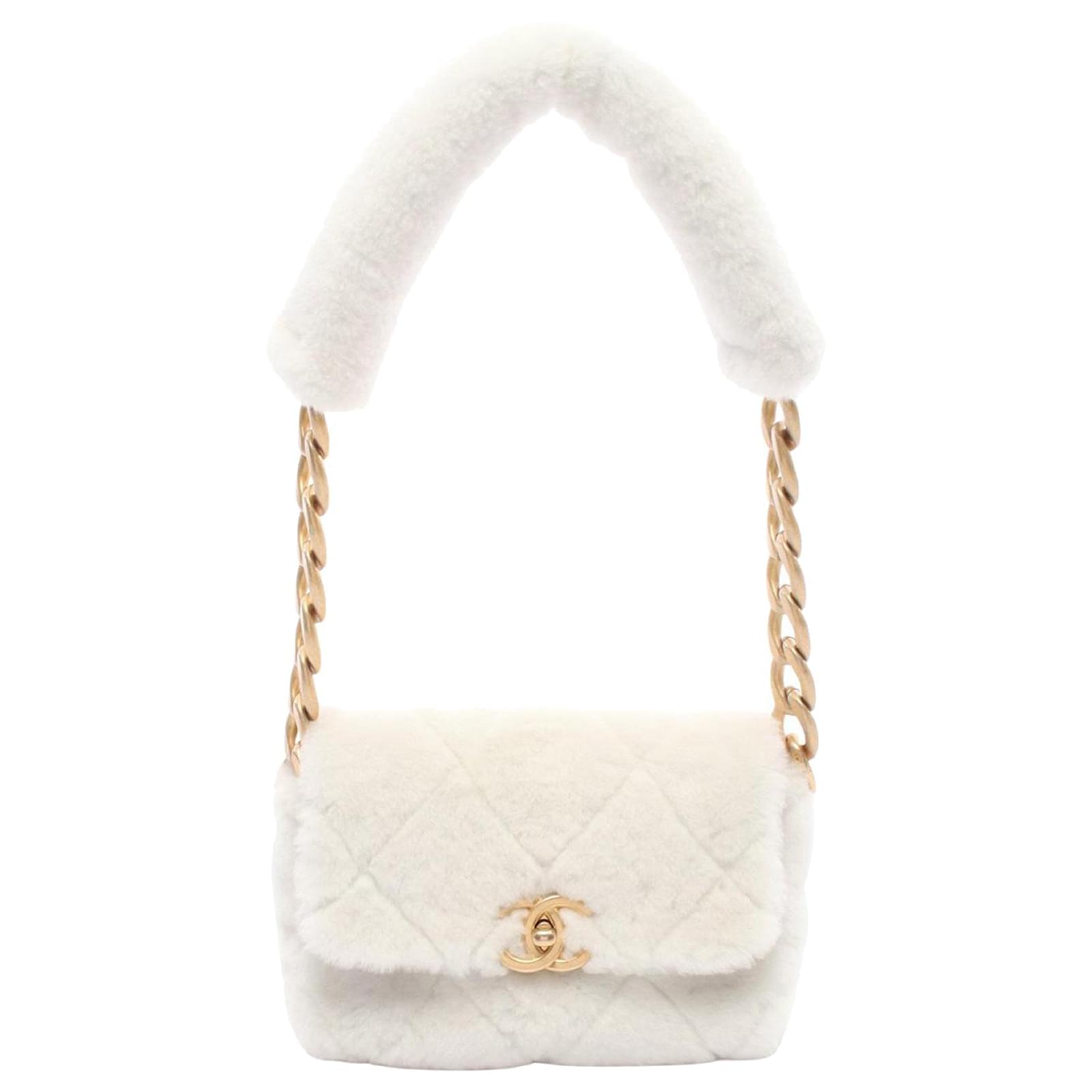 Chanel White CC Quilted Shearling Padded Chain Flap Cream