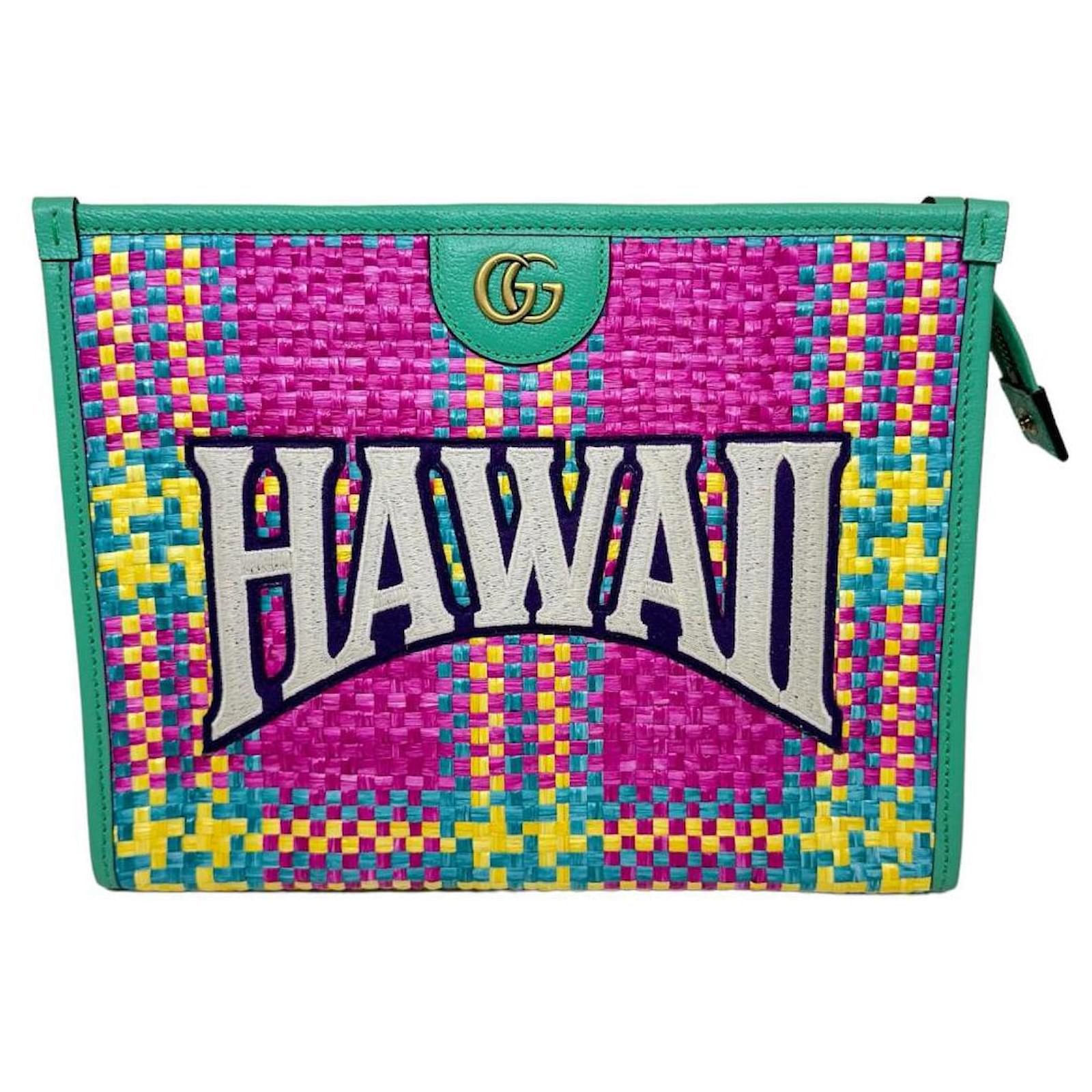 Gucci Hawaii Logo Leather/Straw Clutch Bag Limited Green ref Gucci Hawaii Logo Leather/Straw Clutch Bag Limited Green ref