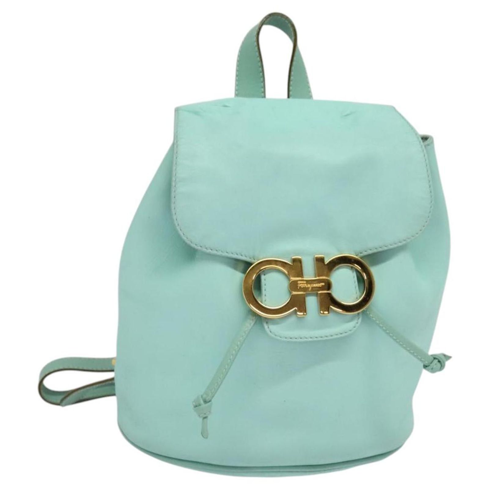 Salvatore Ferragamo Backpack Leather Turquoise Blue Gold  display picture 2