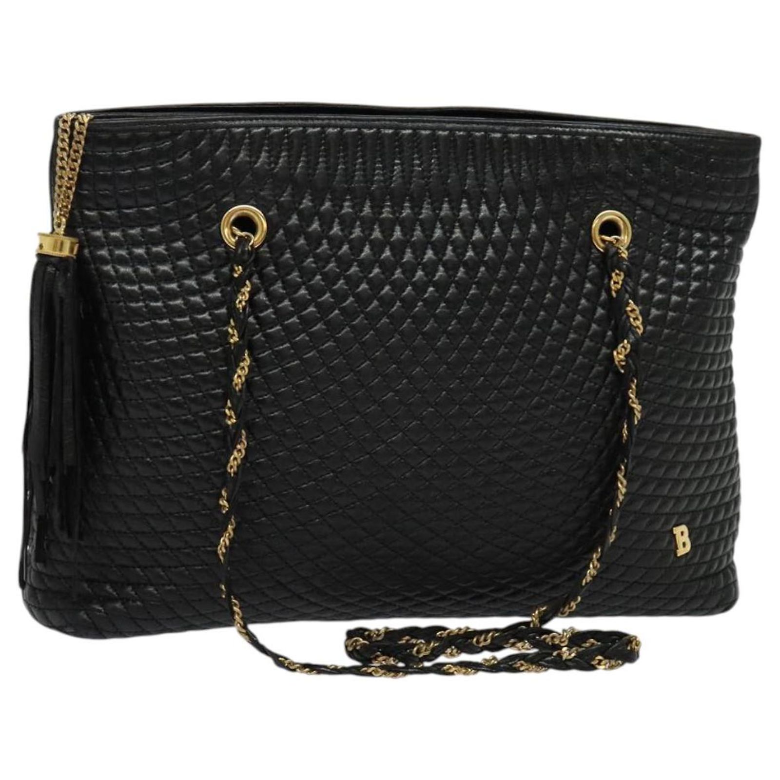 BALLY Chain Shoulder Bag Leather Black Gold Auth kk542 Golden ref