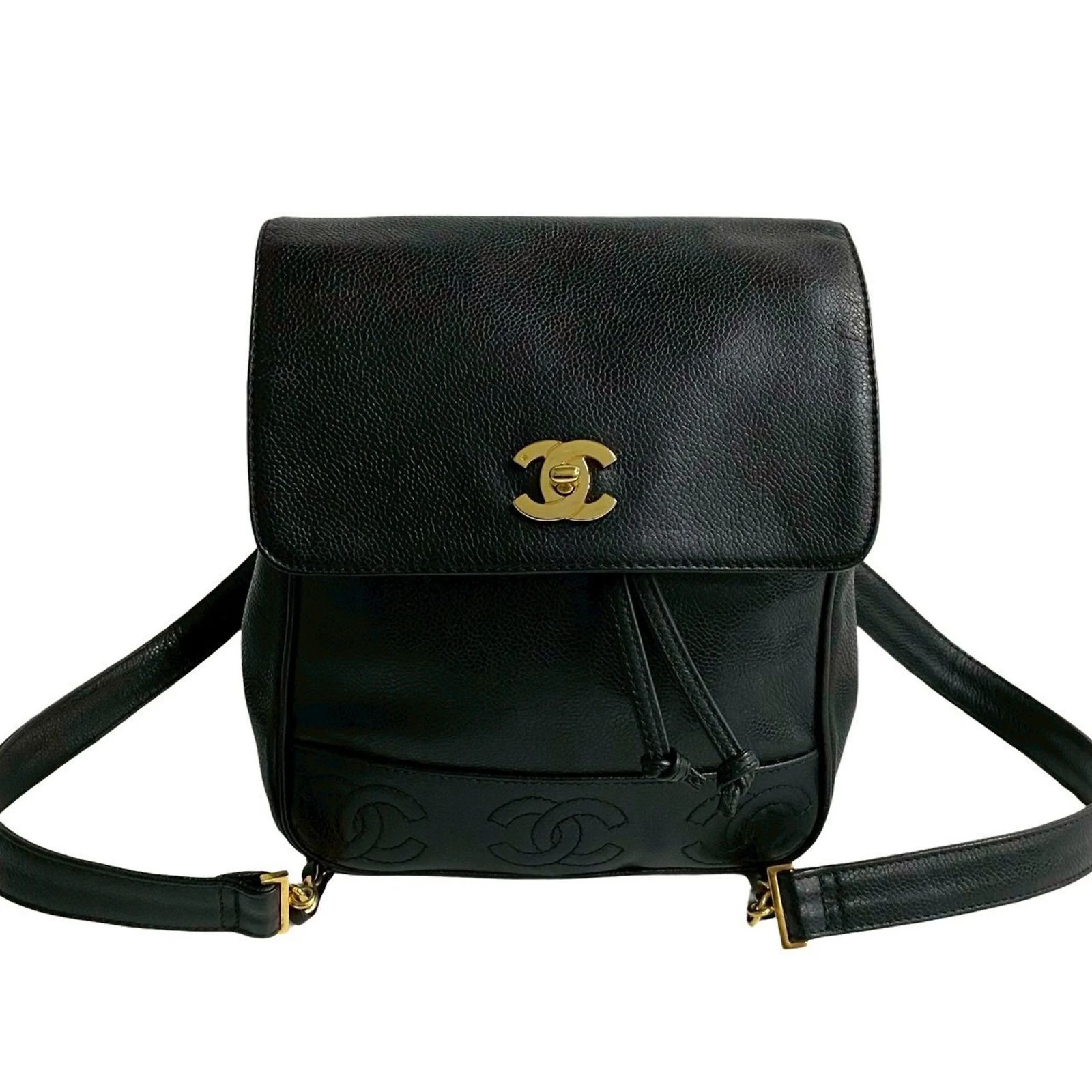 Chanel Triple Coco Caviar Leather Drawstring Backpack Black  display picture 1