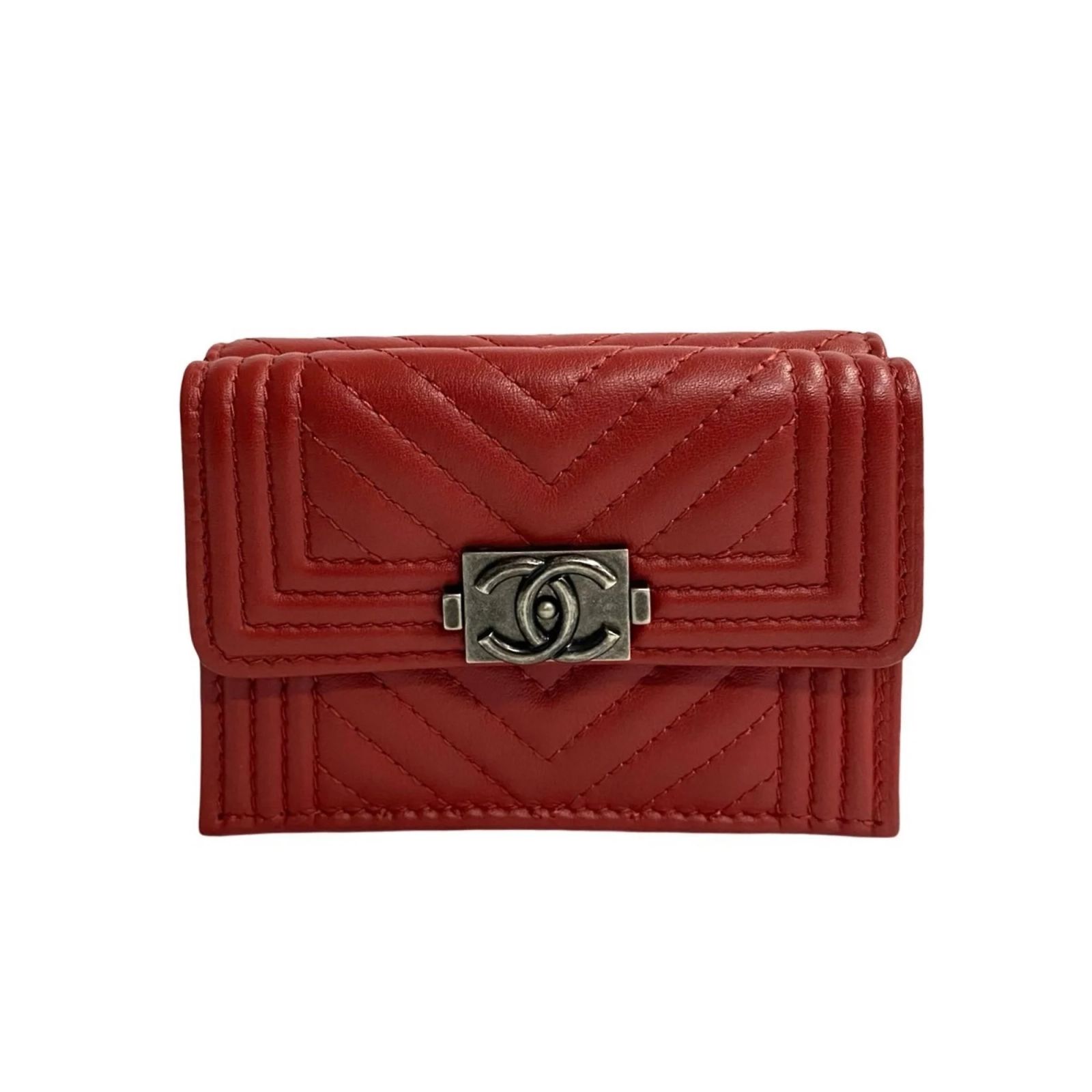 Chanel Boy Chanel Leather and Lambskin Tri-fold Mini Wallet Red ref ...