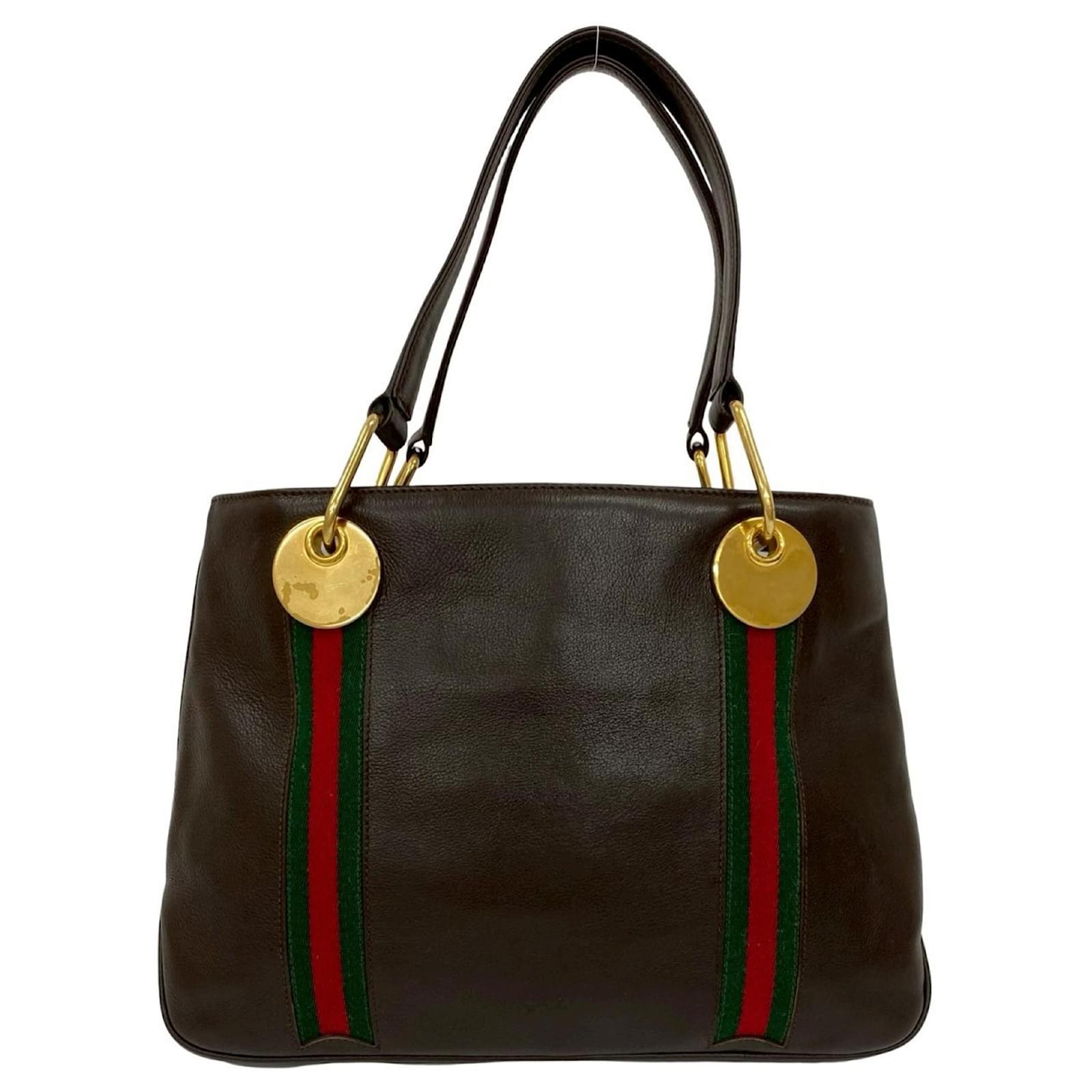 GUCCI Old Gucci Sherry Line Leather Handbag Tote Bag Brown Red