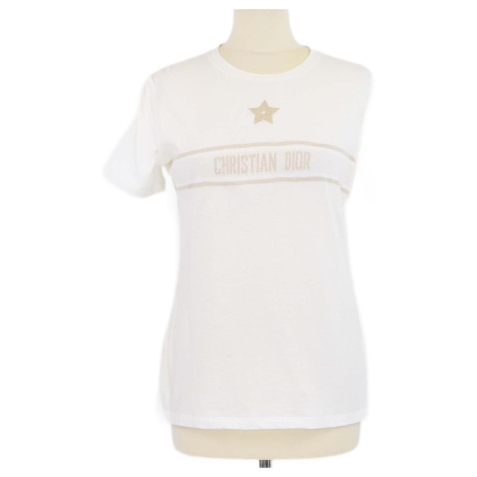 Christian Dior White/Gold Embroidered Logo T-Shirt Golden