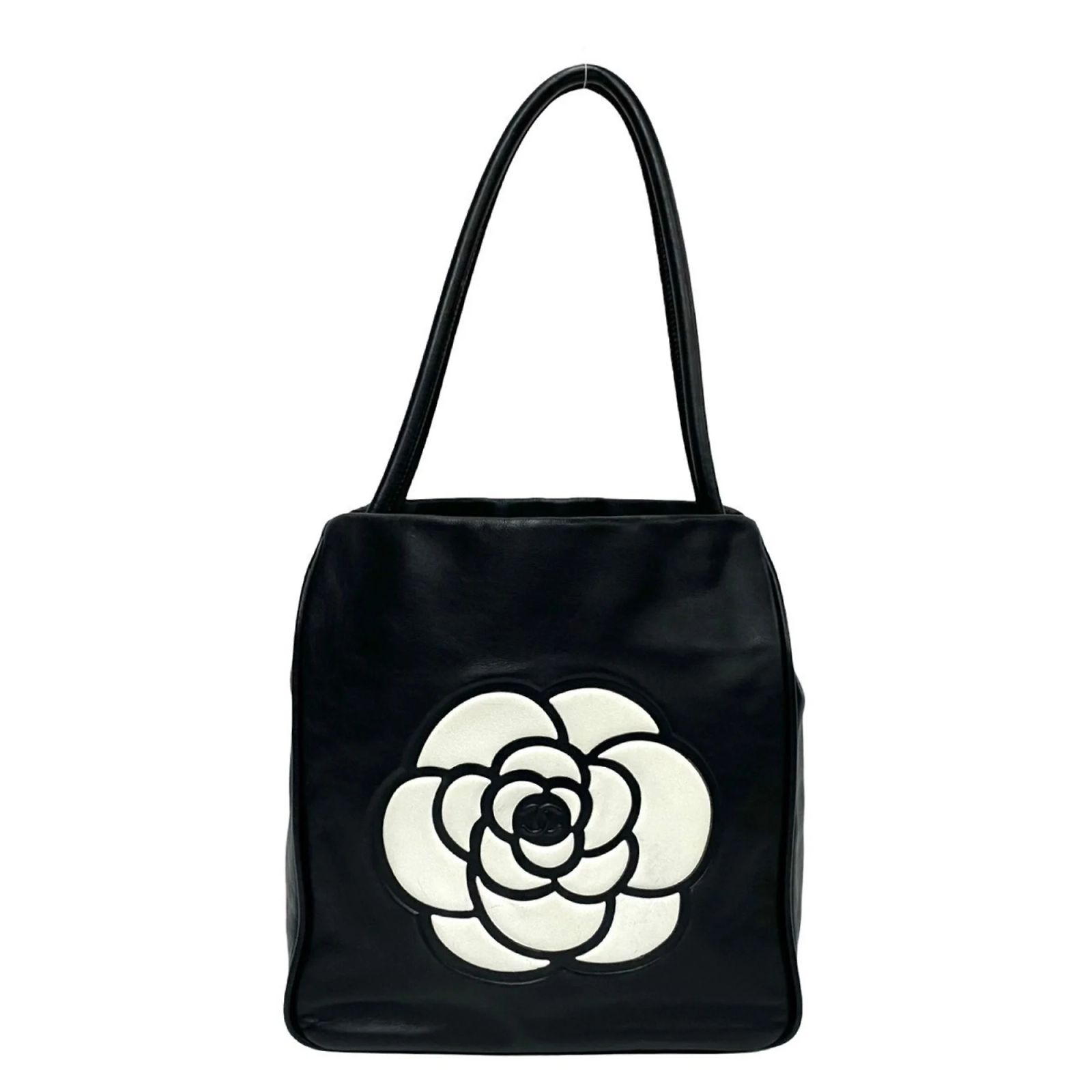Timeless Chanel Camellia Logo Lambskin Tote Bag Black White 