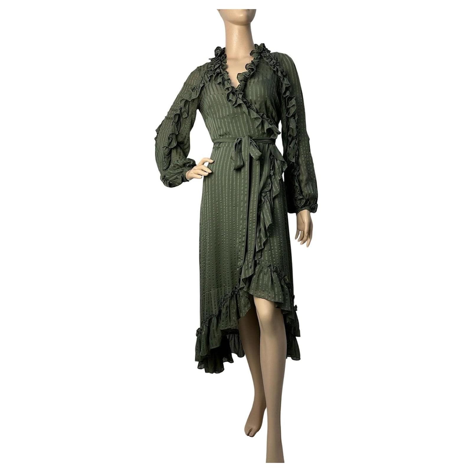 Zimmermann Cascade Ruffle Wrap Midi Dress Dark green Silk ref