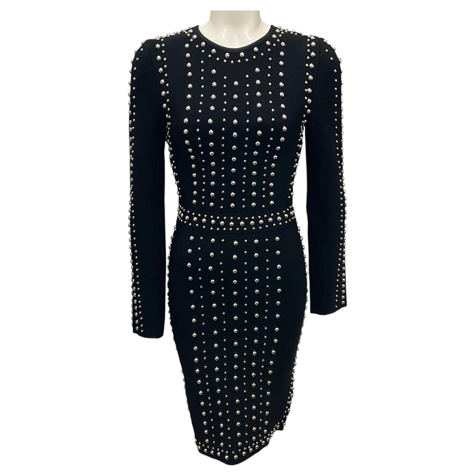 Herve Leger Black Silver Stud Embellished Long Sleeved Bandage