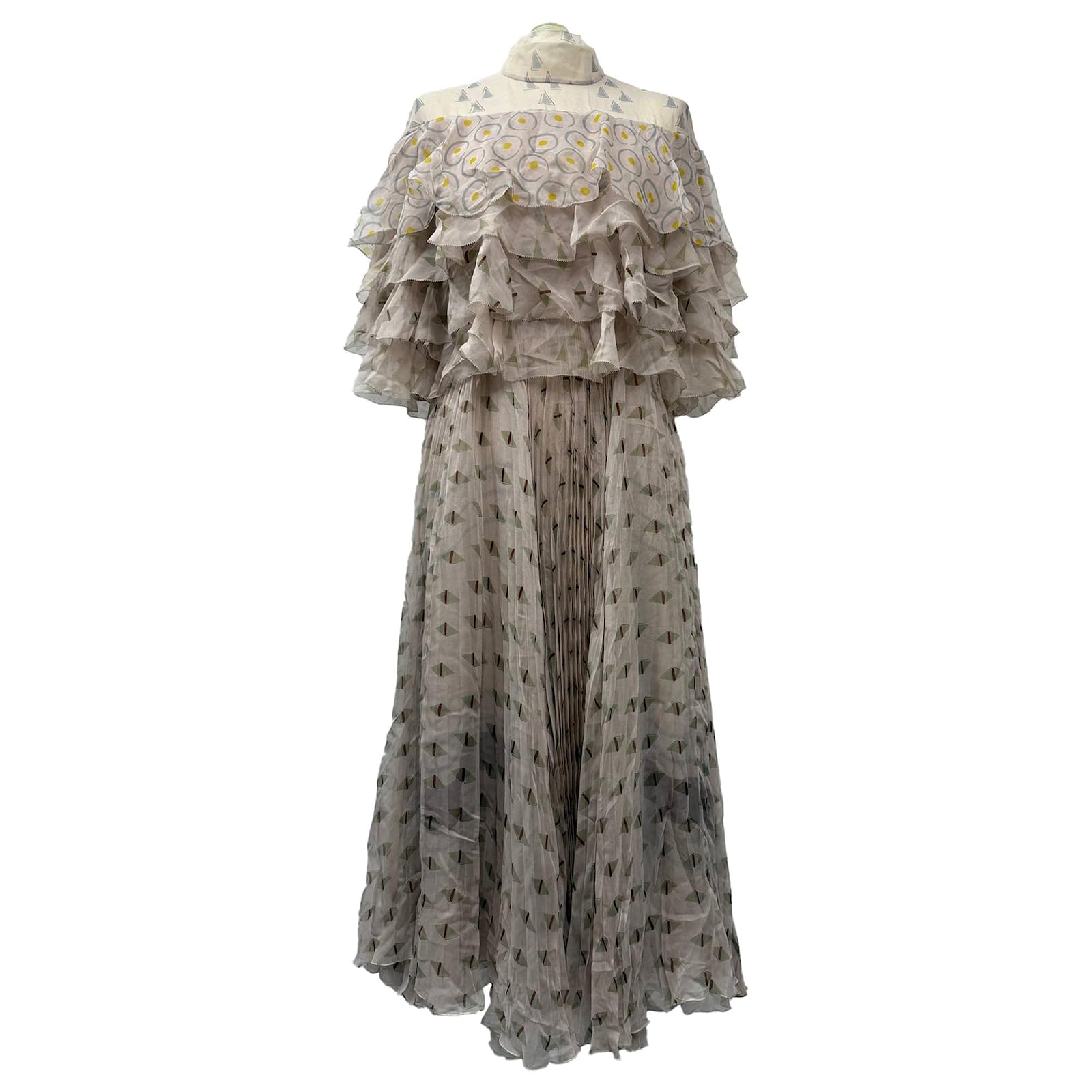 Valentino Pleated Midi Dress in Beige Silk