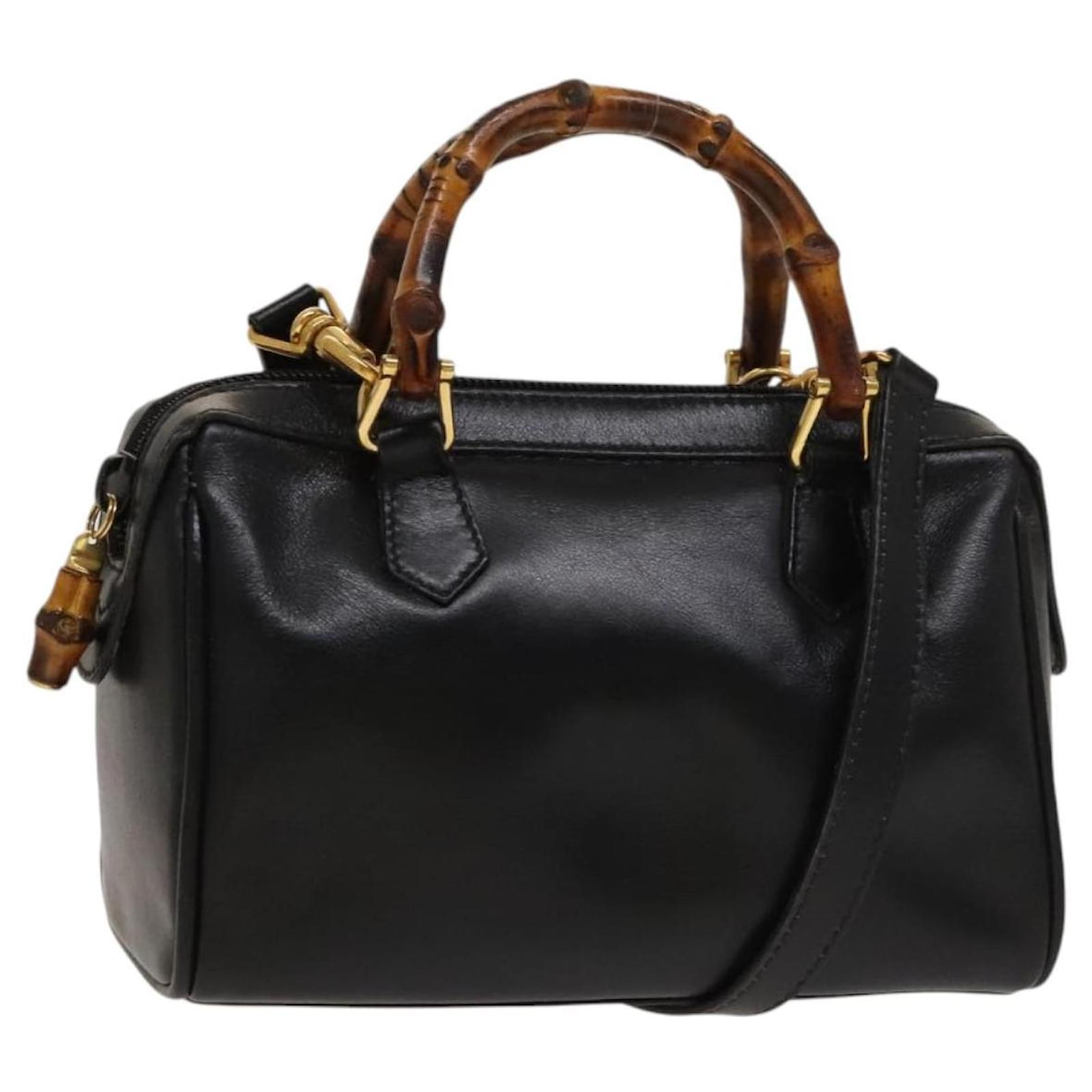 GUCCI Bamboo Hand Bag Leather 2way Black Gold 007 3444 0232 Auth