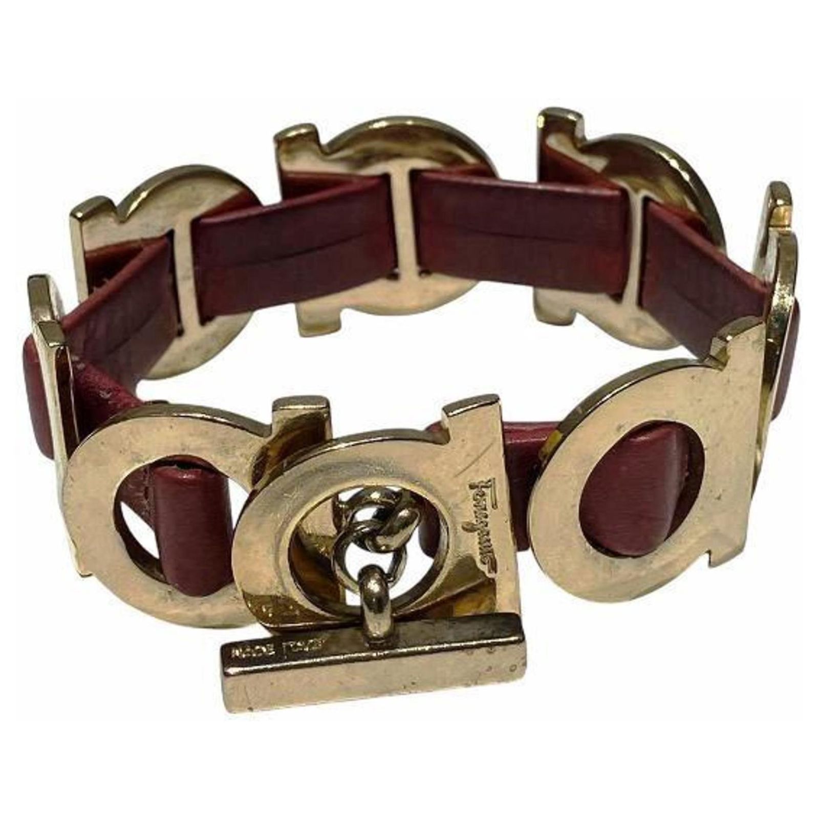 Salvatore Ferragamo Gancini Red Bangle Bracelet Golden Leather 