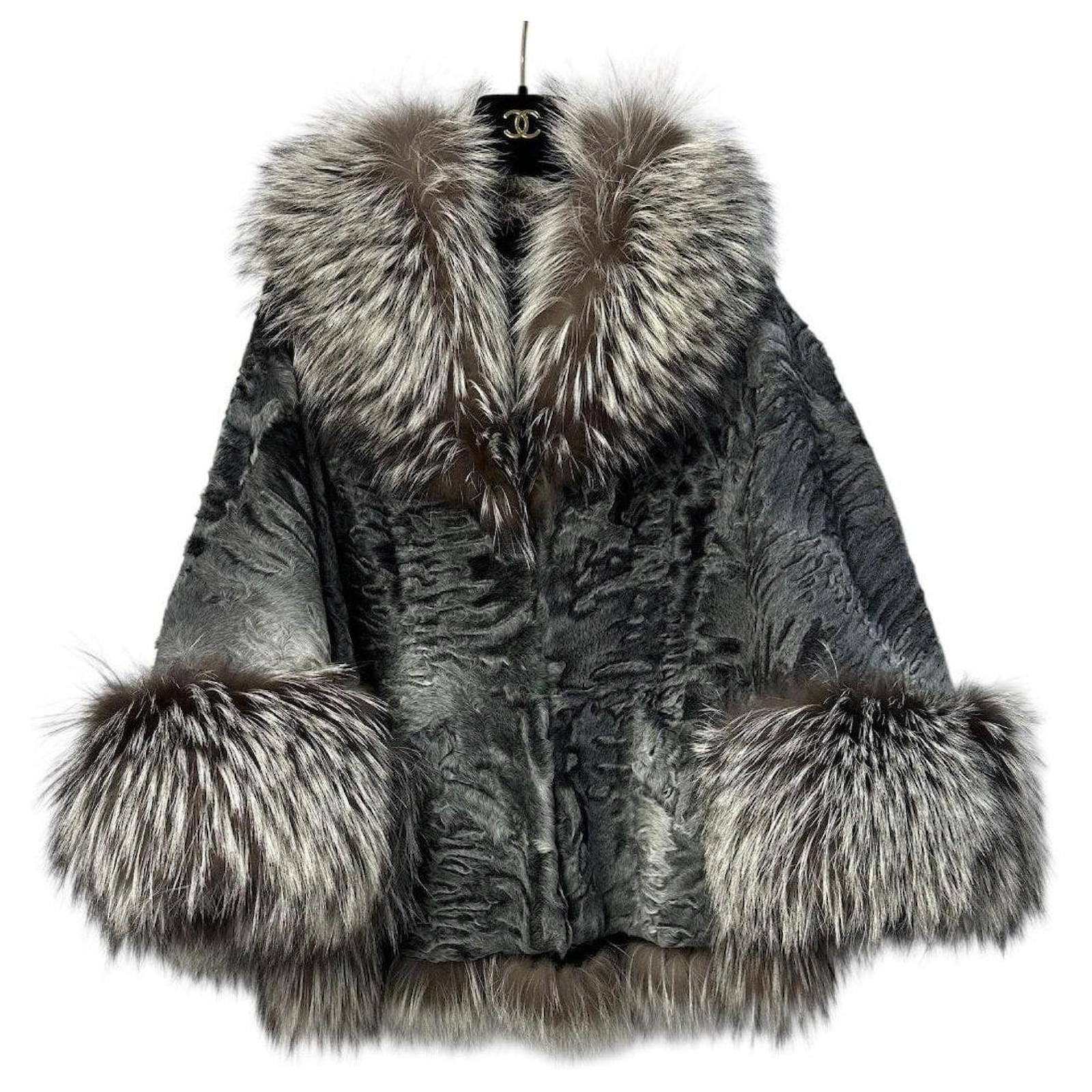 Christian Dior Astrakhan Lambskin Fox Fur Collar Coat Sz.34 Grey