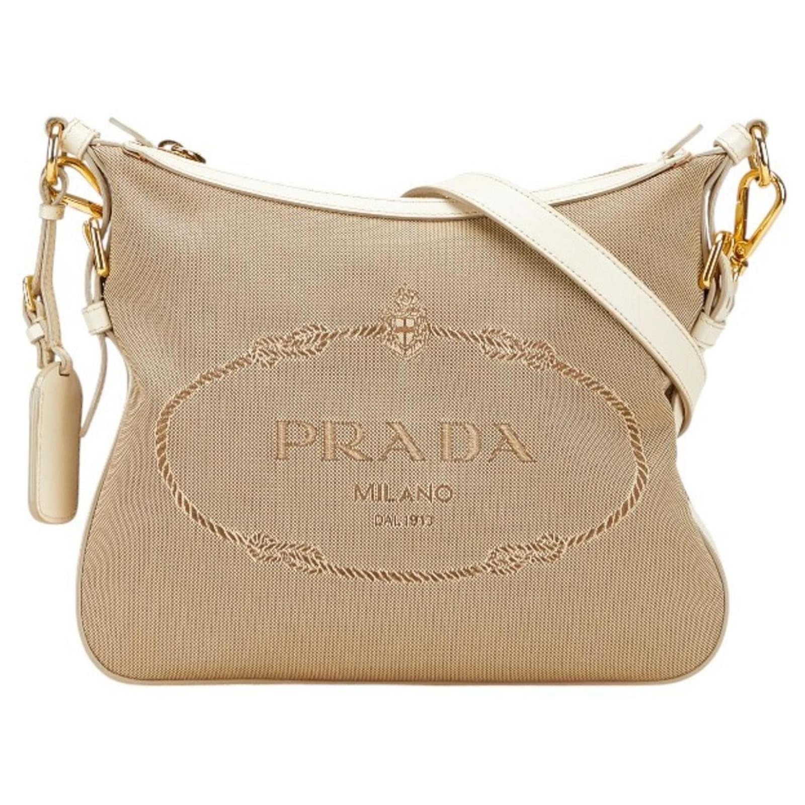 Prada Crossbody Shoulder Bag Beige Cream Leather Cloth