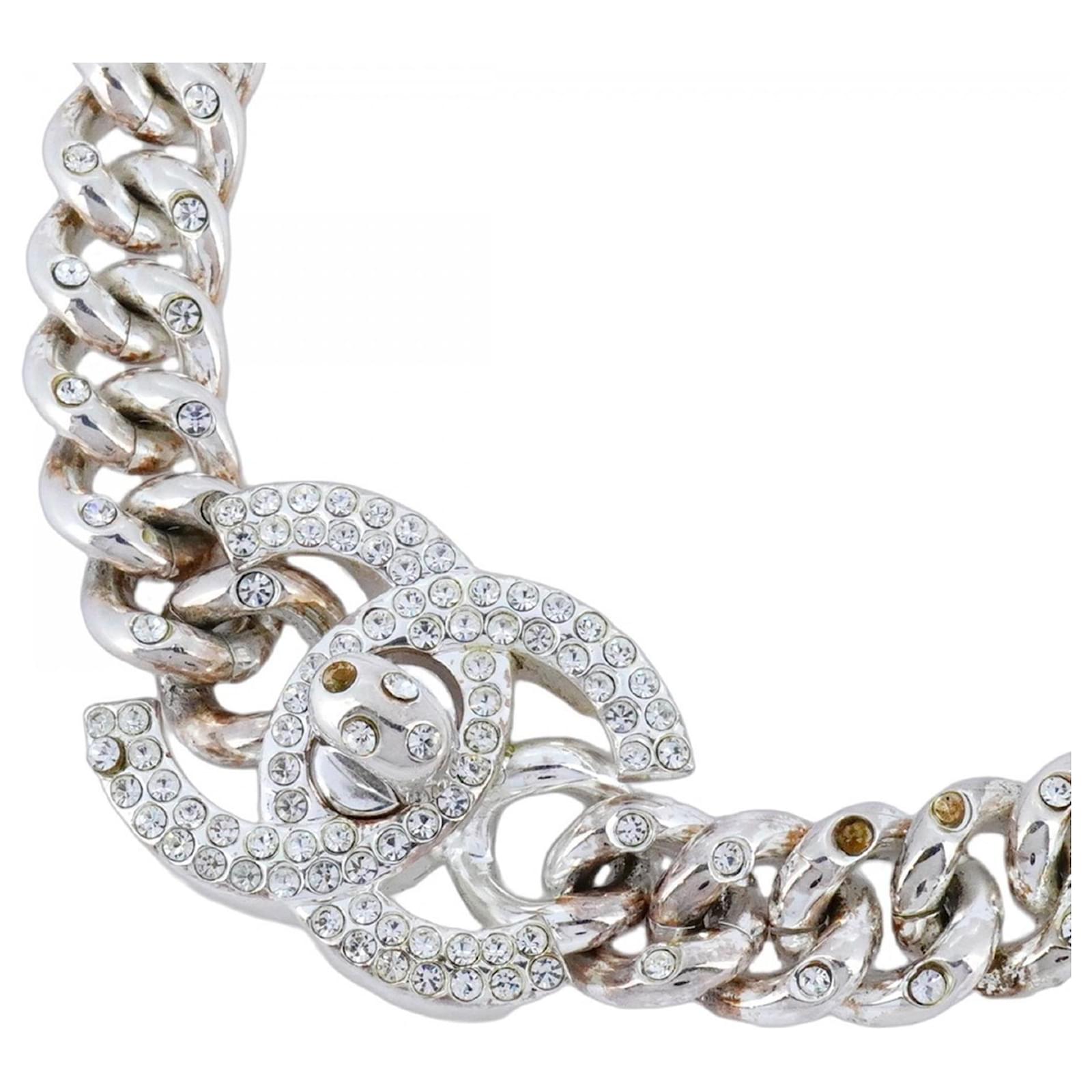 Chanel Coco Mark Turn Lock Metal Rhinestone Necklace Silvery