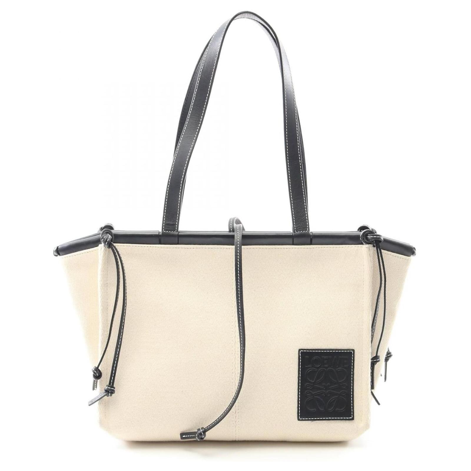 Loewe CUSHION TOTE SMALL Canvas Leather Tote Bag Black Beige Cloth