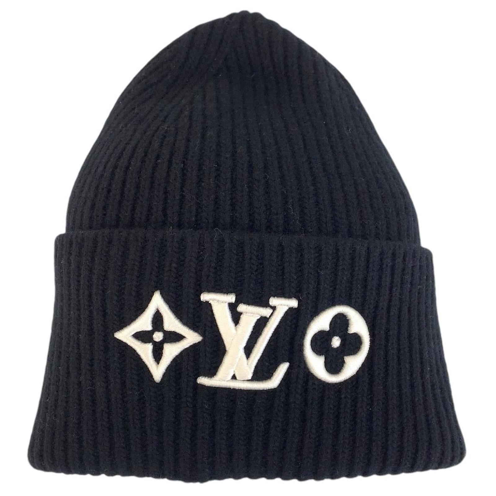 LOUIS VUITTON ビーニー ブラック Louis Vuitton LV Headline Monogram Wool Beanie Black White Cotton