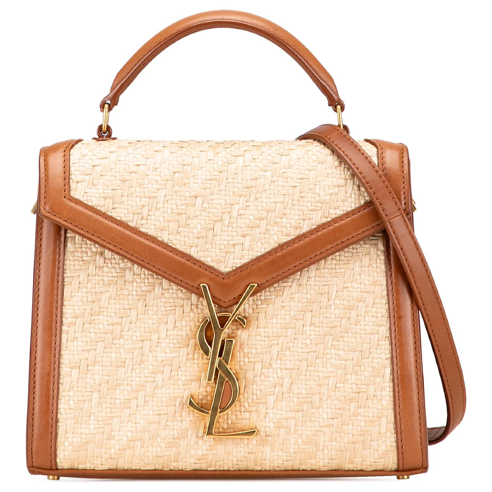 Saint Laurent Brown Mini Raffia Monogram Cassandra Top Handle Bag