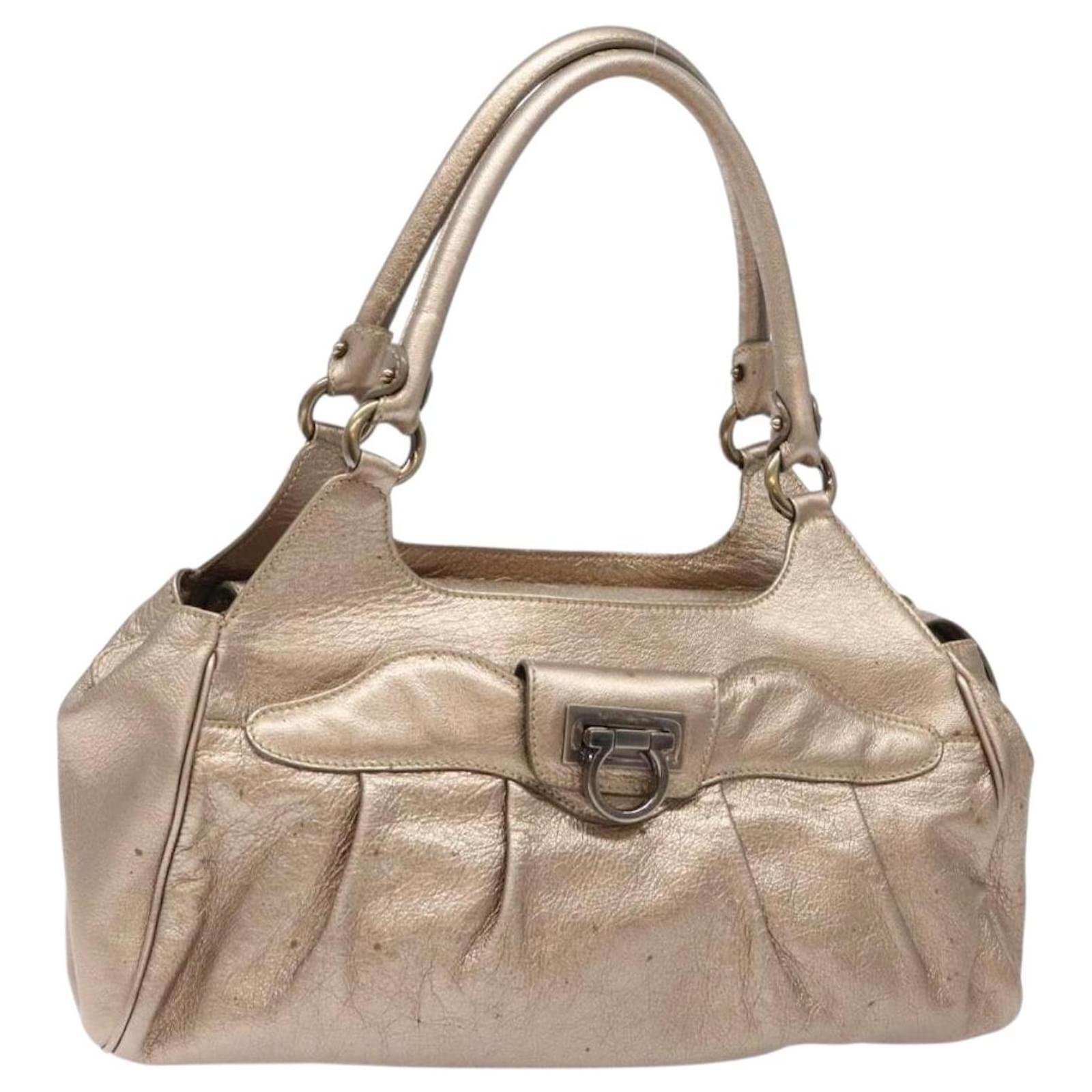 Salvatore Ferragamo Gancini Hand Bag Leather Gold Auth 136922
