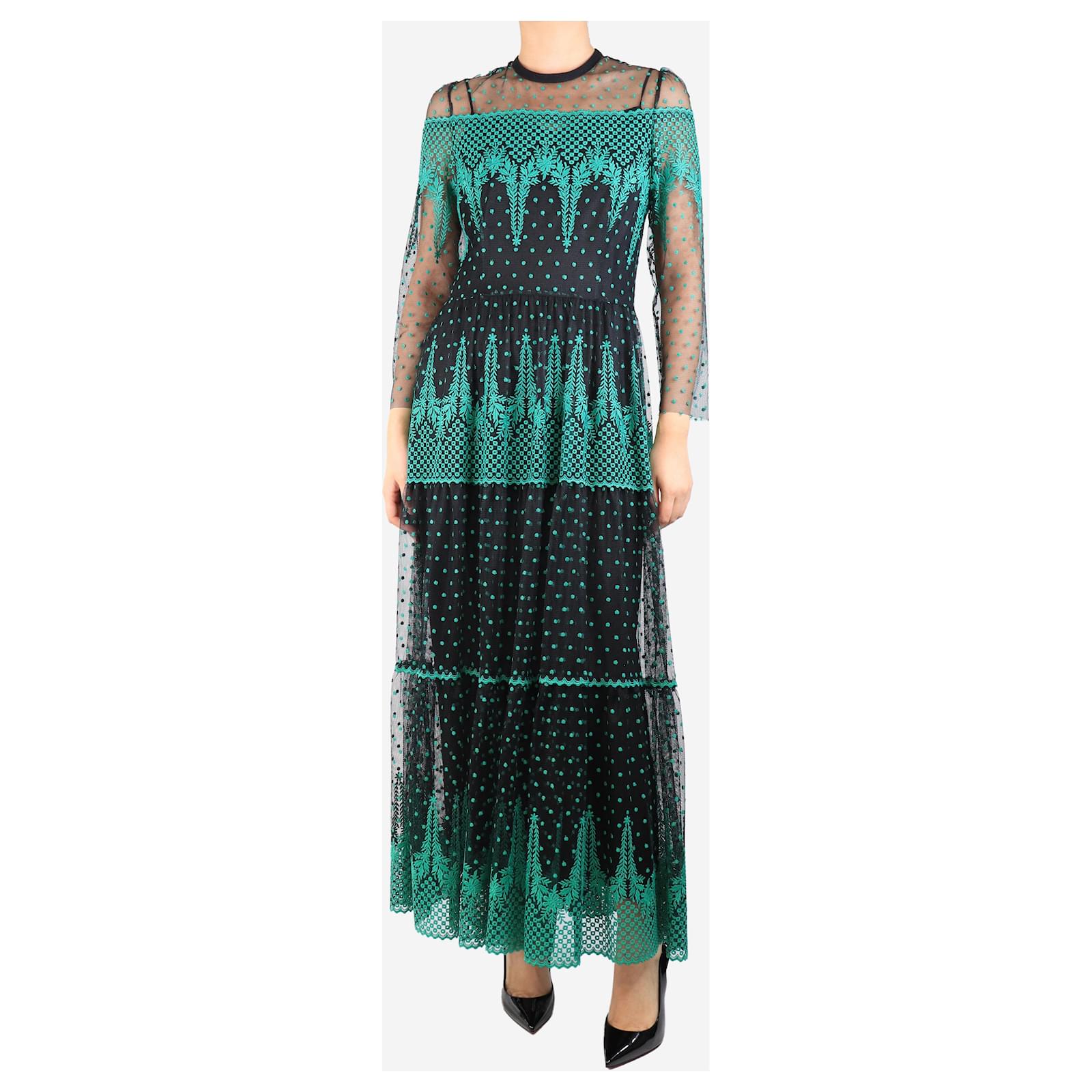 Philosophy Di Alberta Ferretti Black and green mesh embroidered dress with slip - size UK 10 (Sold) - Joli Closet Philosophy Di Alberta Ferretti Black and green mesh embroidered dress with slip - size UK 10 (Sold) - Joli Closet