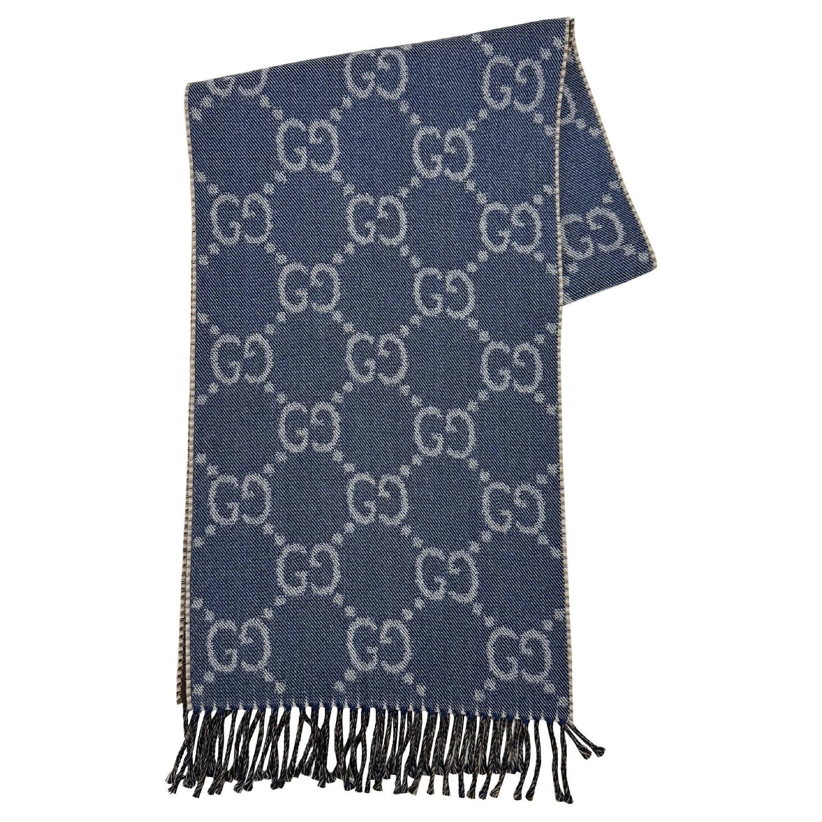 Gucci Reversible GG Pattern Jacquard Wool Scarf Brown Blue ref