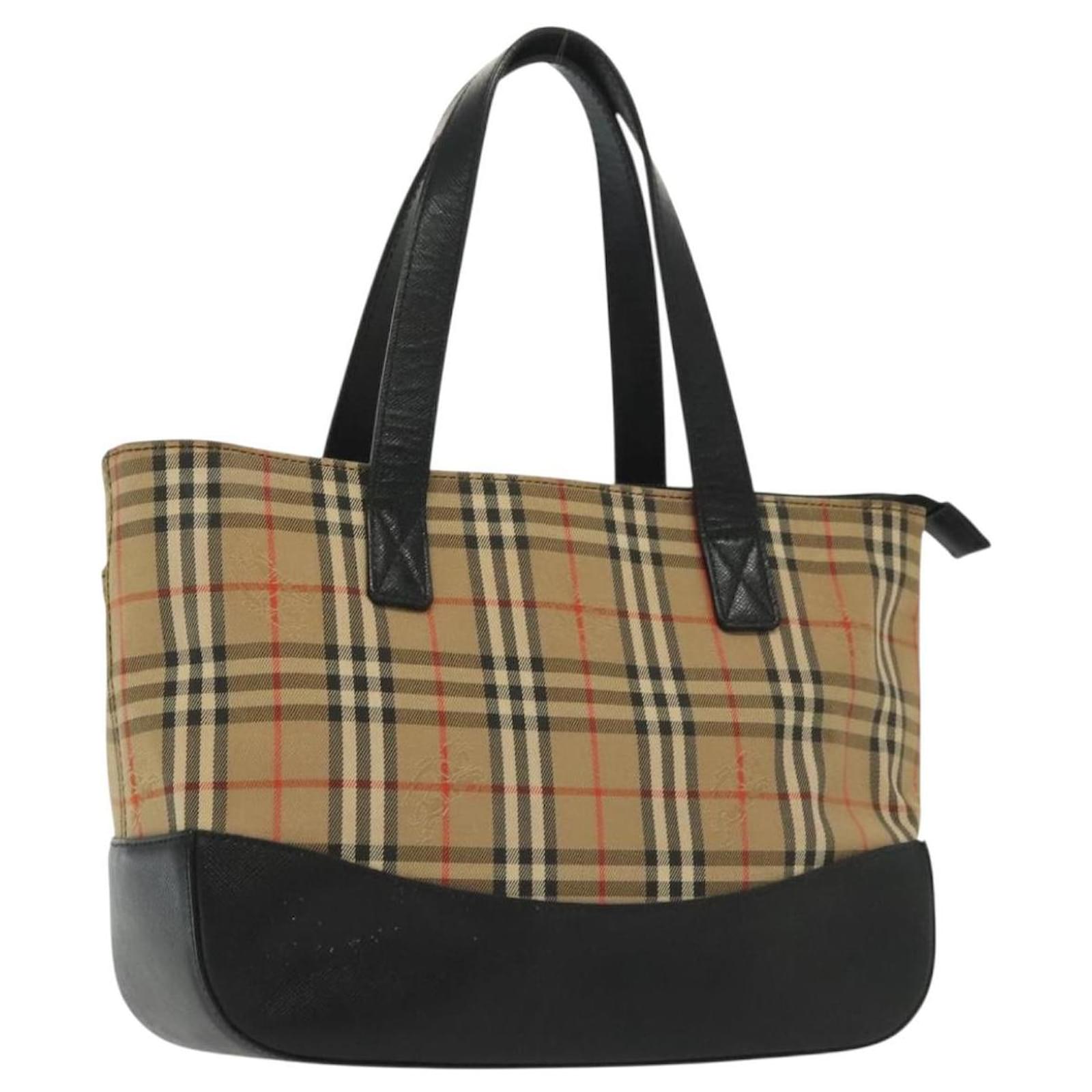 BURBERRY Nova Check Hand Bag Canvas Leather Beige Gold Auth 