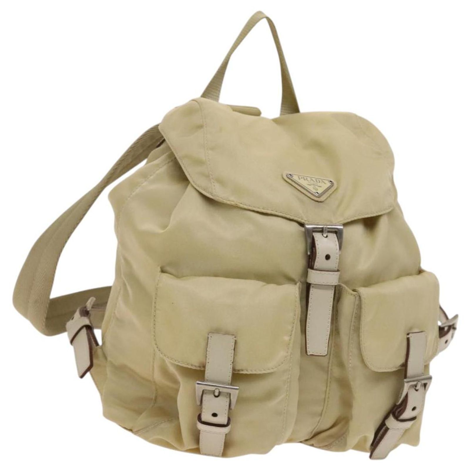 PRADA Backpack Nylon Beige Silver Auth 133390 Silvery ref 
