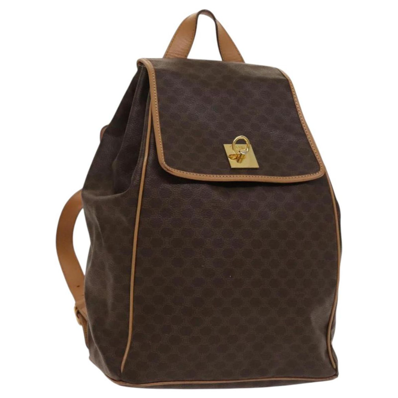 CELINE Macadam Canvas Backpack PVC Leather Brown Gold Auth 124609 CELINE Macadam Canvas Backpack PVC Leather Brown Gold Auth  main image 3