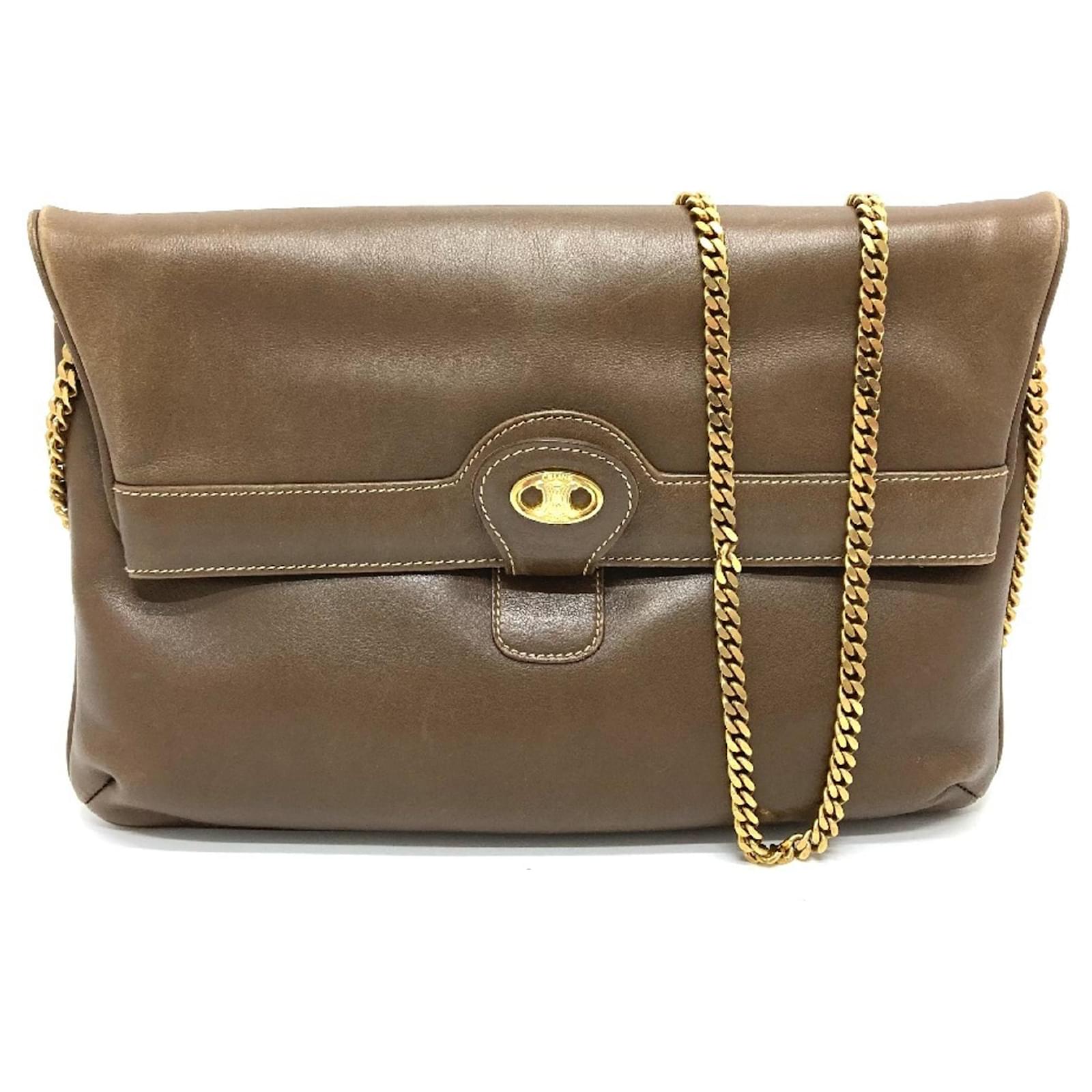 Céline Celine Vintage Chain Clutch Shoulder Bag Brown Leather ref 