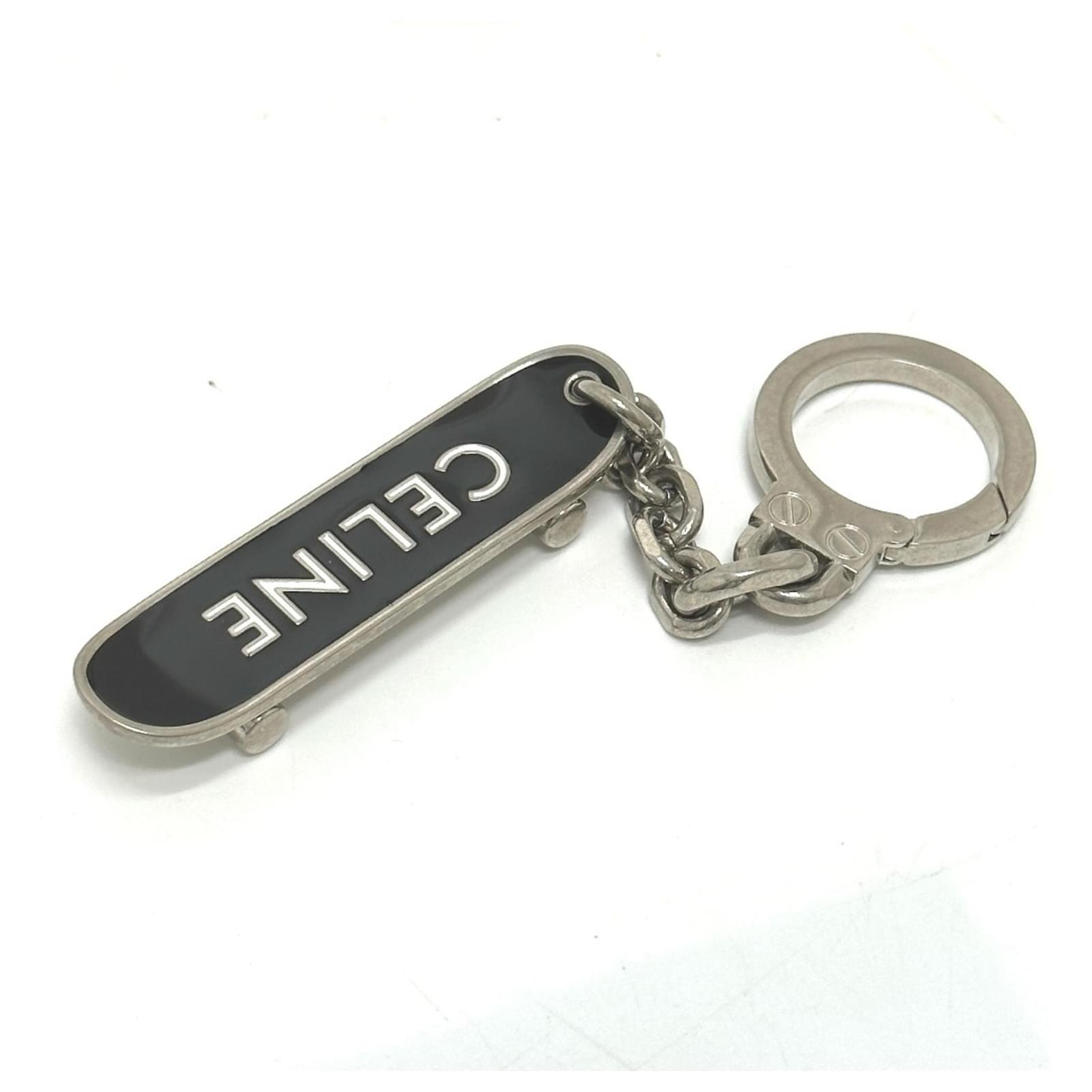 Céline Celine Skateboard Bag Charm Keychain Black Silvery Metal