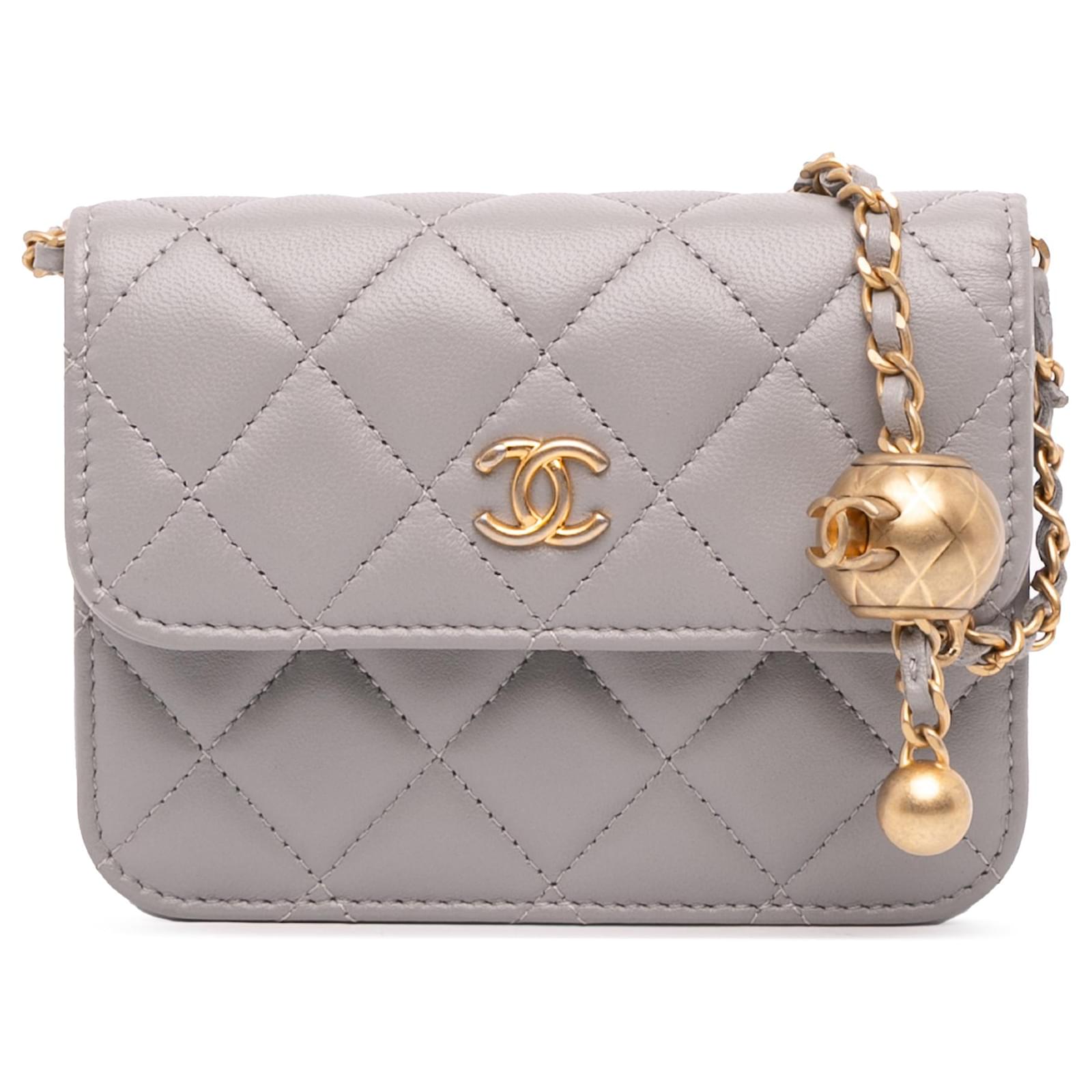 Chanel Gray Mini Lambskin Pearl Crush Clutch On Chain Brown