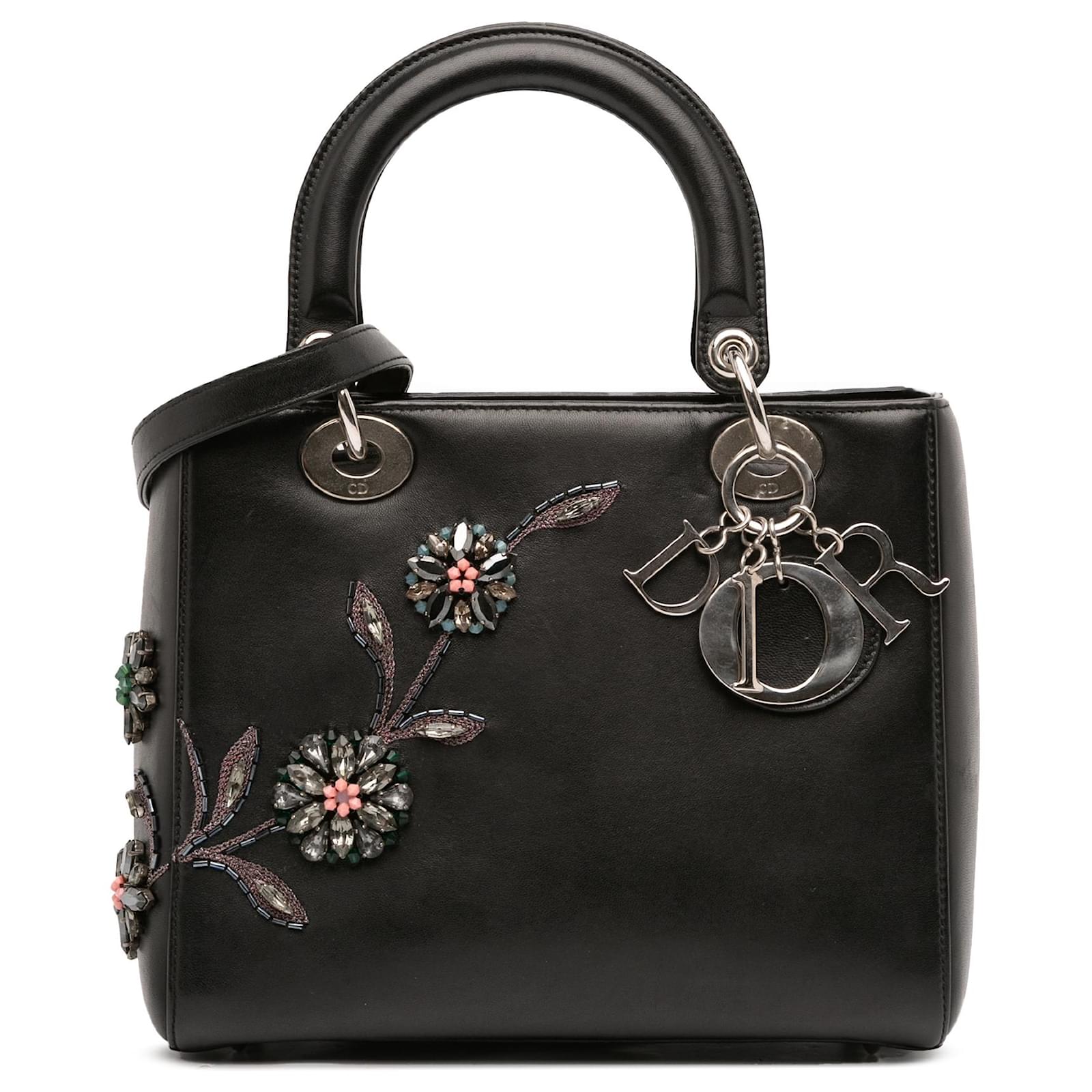 Dior Black Medium Beaded Floral Embellished Lambskin Lady Dior Leather