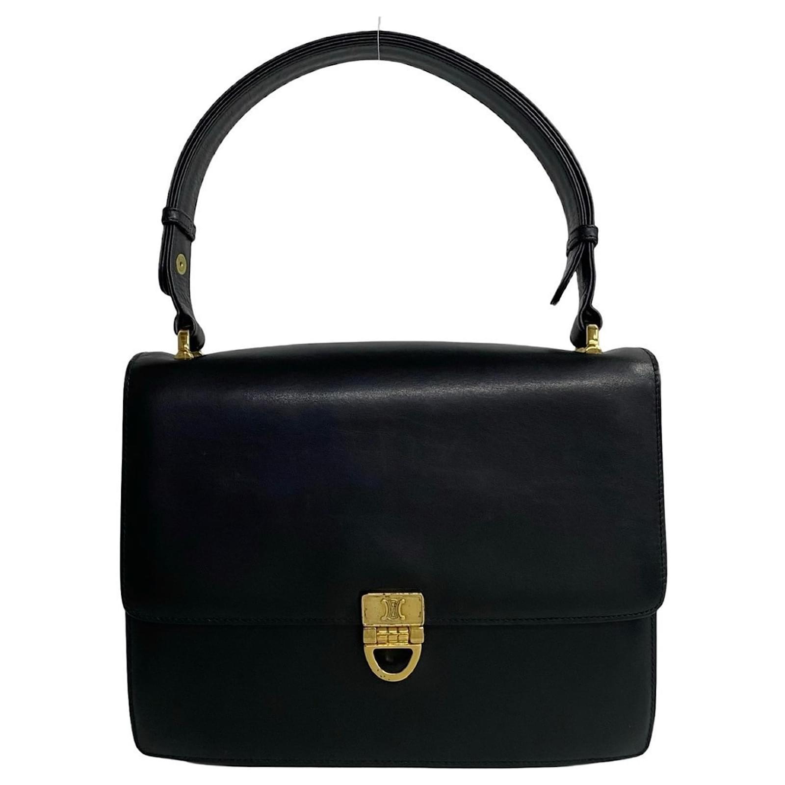 Céline Celine Vintage Triomphe Logo Handbag Black Leather ref