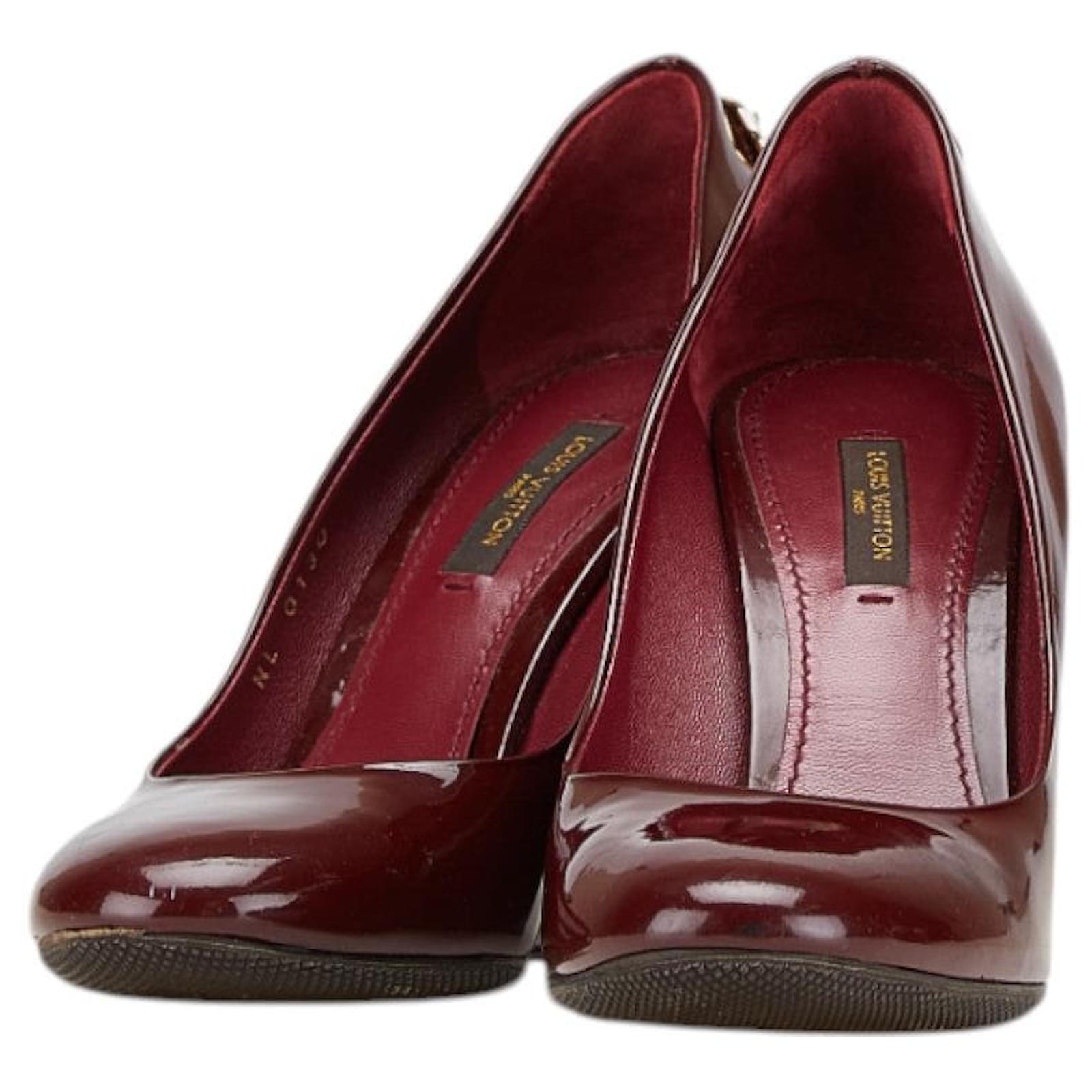 Louis Vuitton Padlock Patent Leather Wedge Pumps Brown Dark red