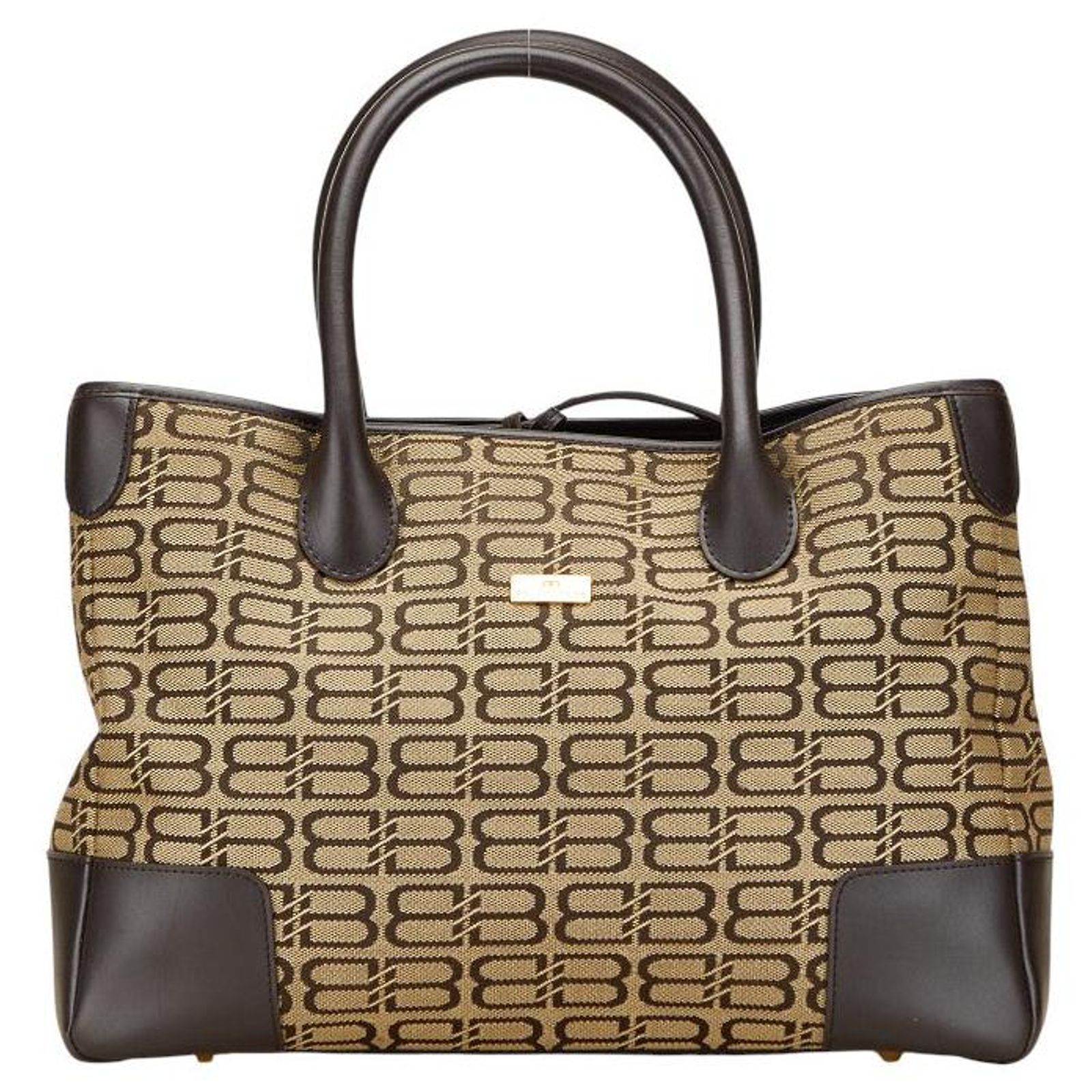 City Balenciaga BB Logo Canvas Leather Handbag Brown Beige Cloth 