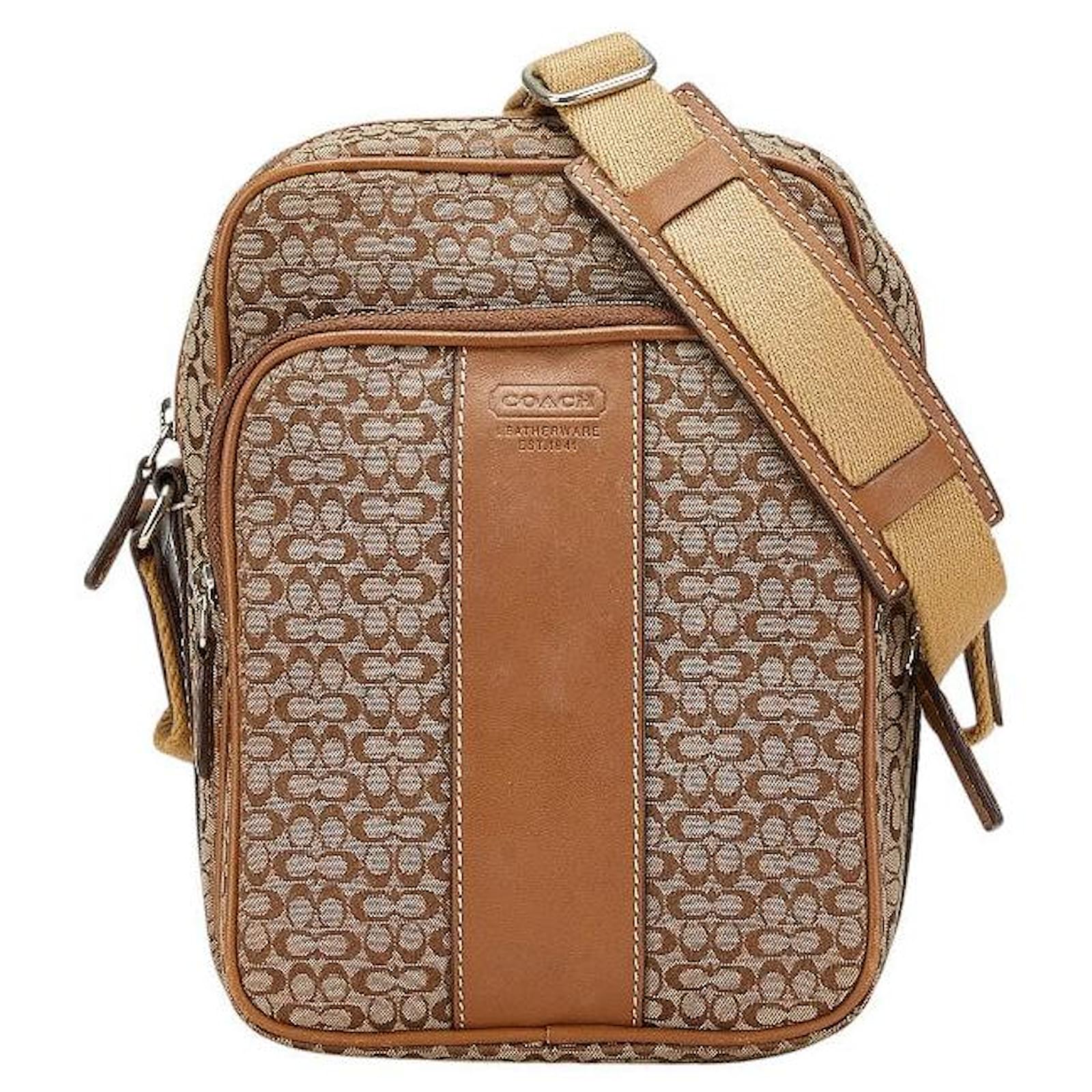 Coach Mini Signature Canvas Leather Shoulder Bag Brown Beige Cloth