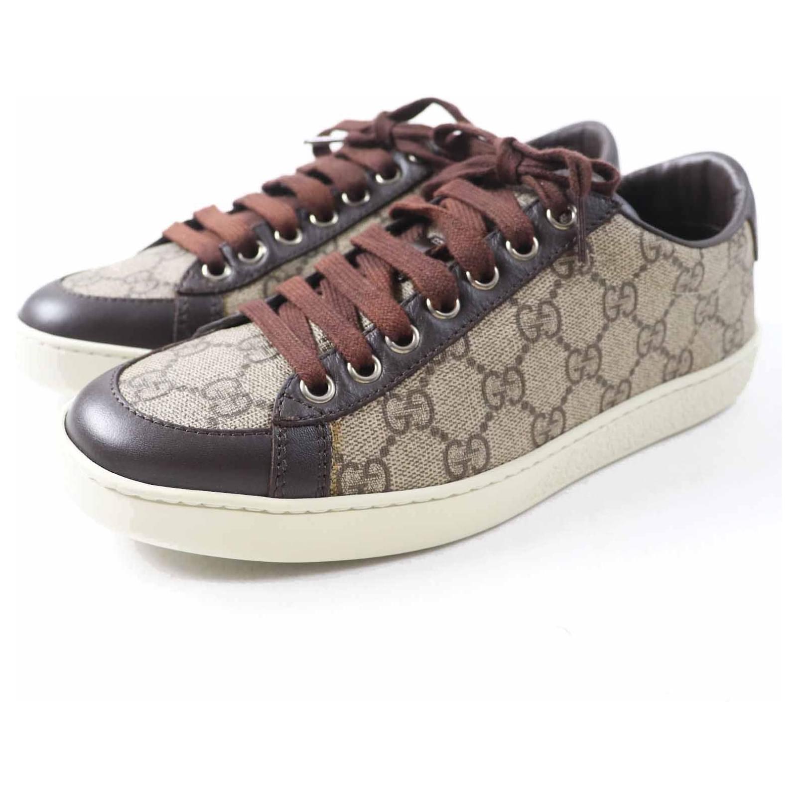 Gucci 323793 GG Supreme Canvas Leather Sneakers Beige ref Gucci 323793 GG Supreme Canvas Leather Sneakers Beige ref