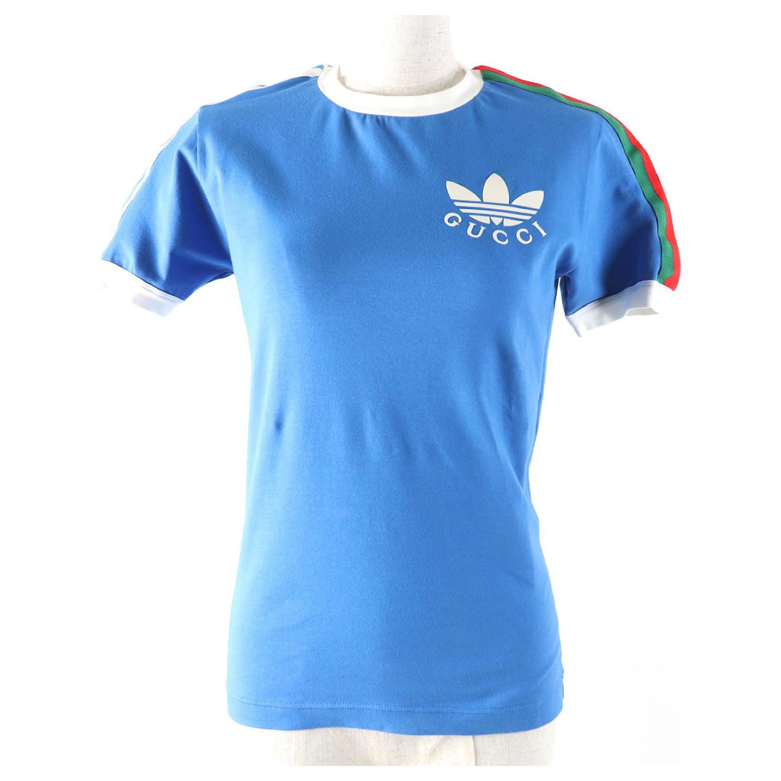 グッチ　アディダス Vネック 半袖ニット 青 Gucci×adidas Trefoil print Cotton Polyurethane T-shirt Blue ref