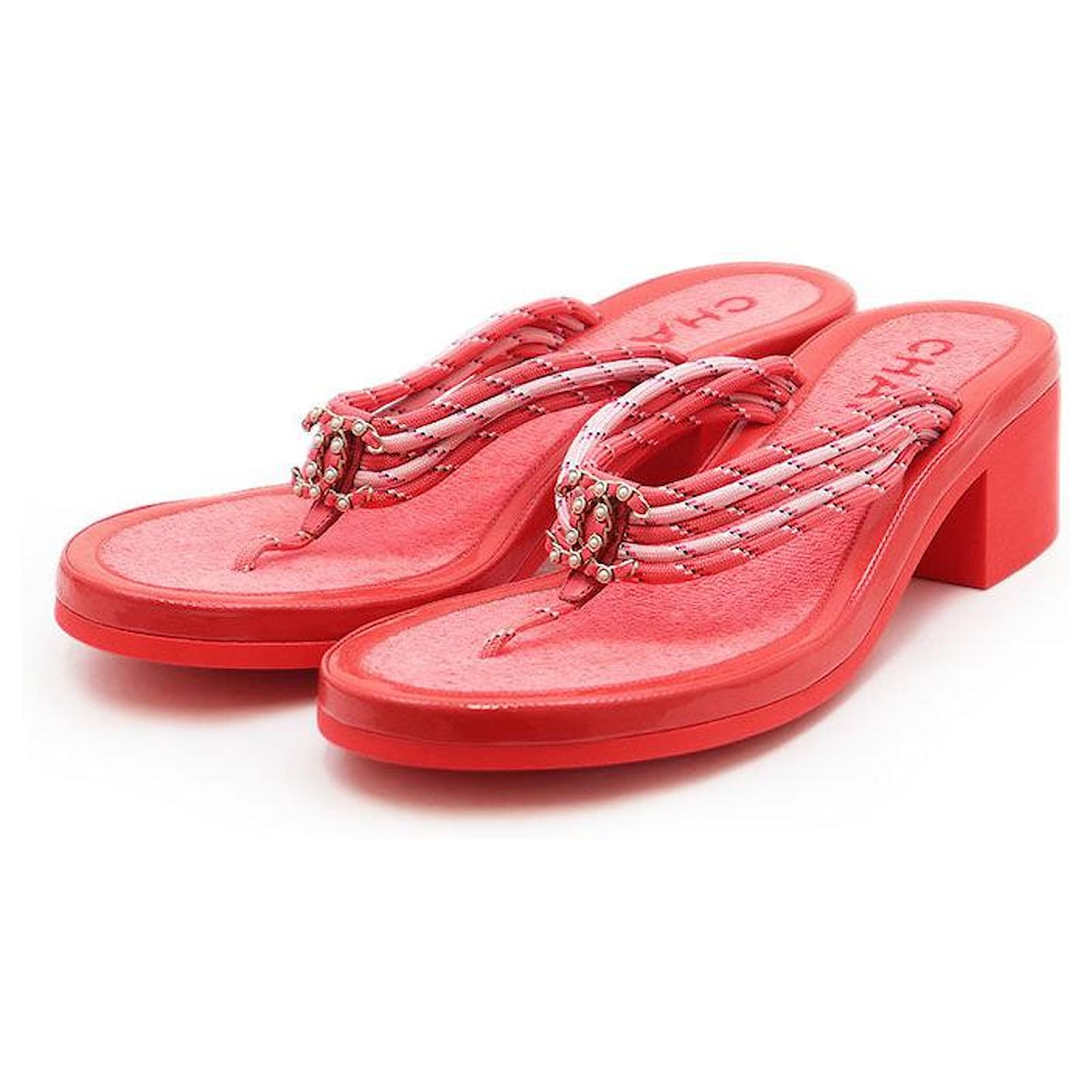 Chanel COCO Mark Mesh Patent Leather Pearl Thong Sandals Pink Faux