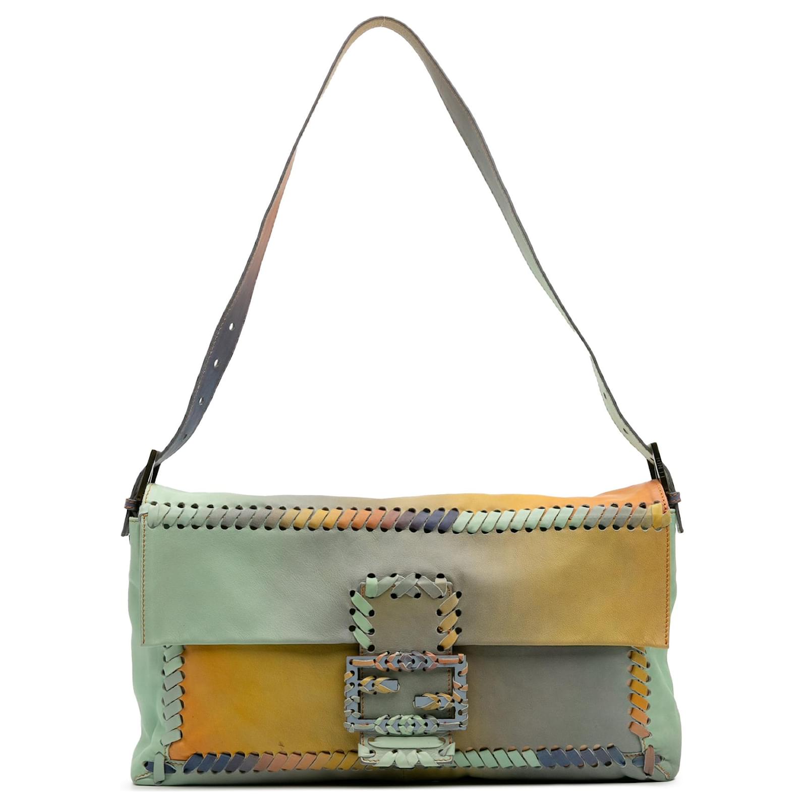 Fendi Grand Baguette Croisé en Cuir Multicolore Vert avec Coutures - Main Image